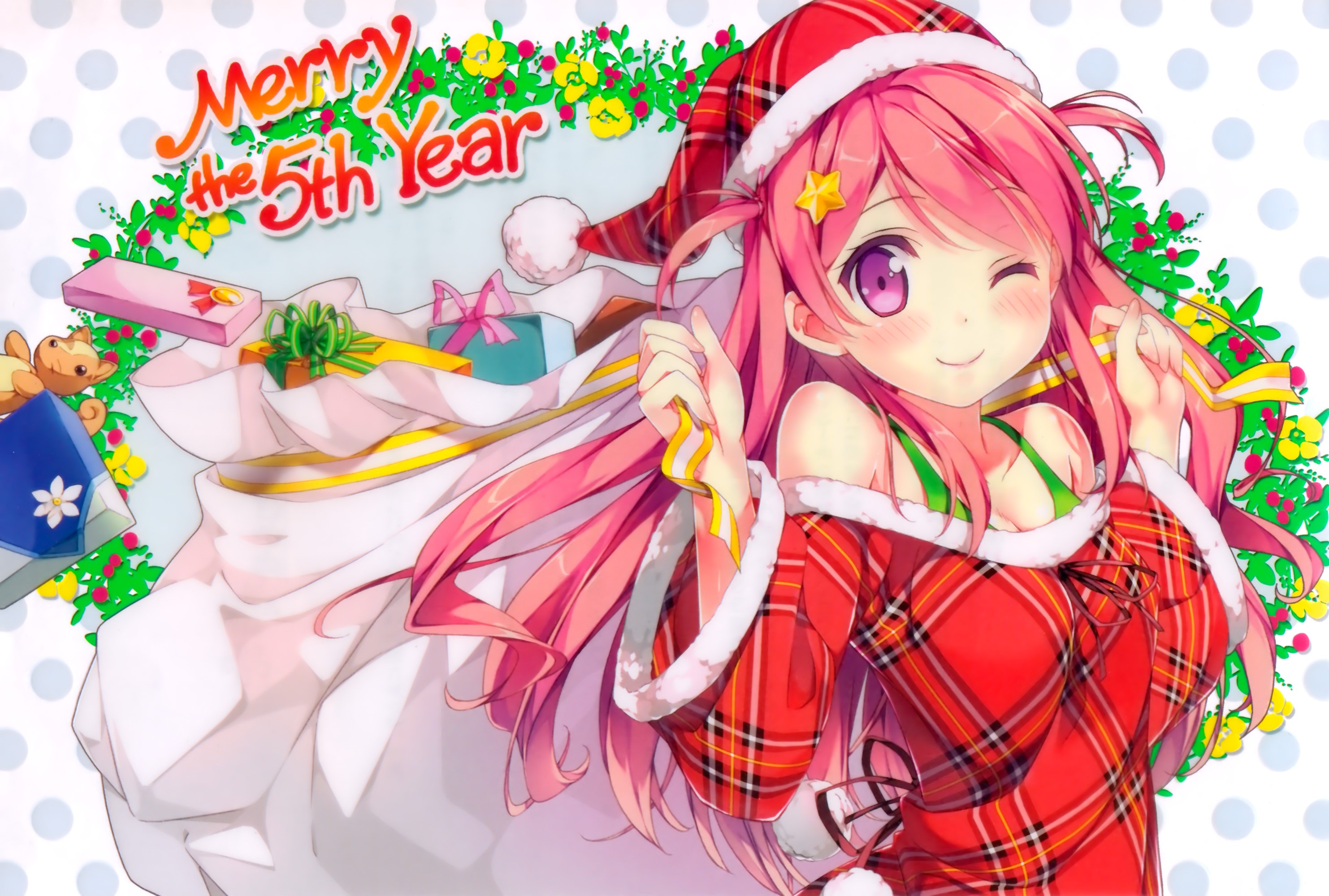 Anime girl in Santa hat with gifts HD Wallpaper