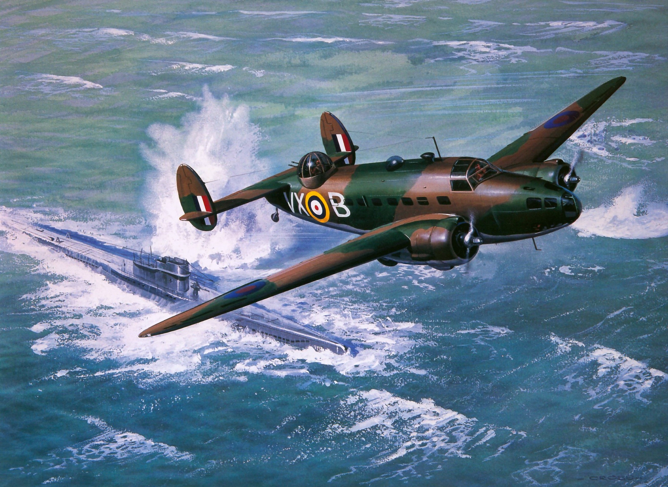 Painting of a bomber aircraft attacking a submarine HD Wallpaper