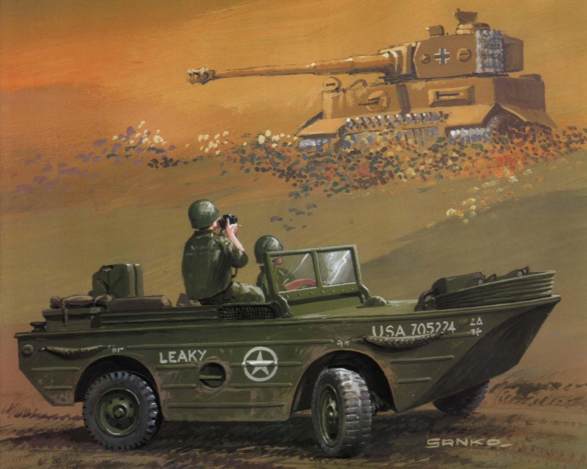 Painting of a military scene with a tank and a vehicle HD Wallpaper