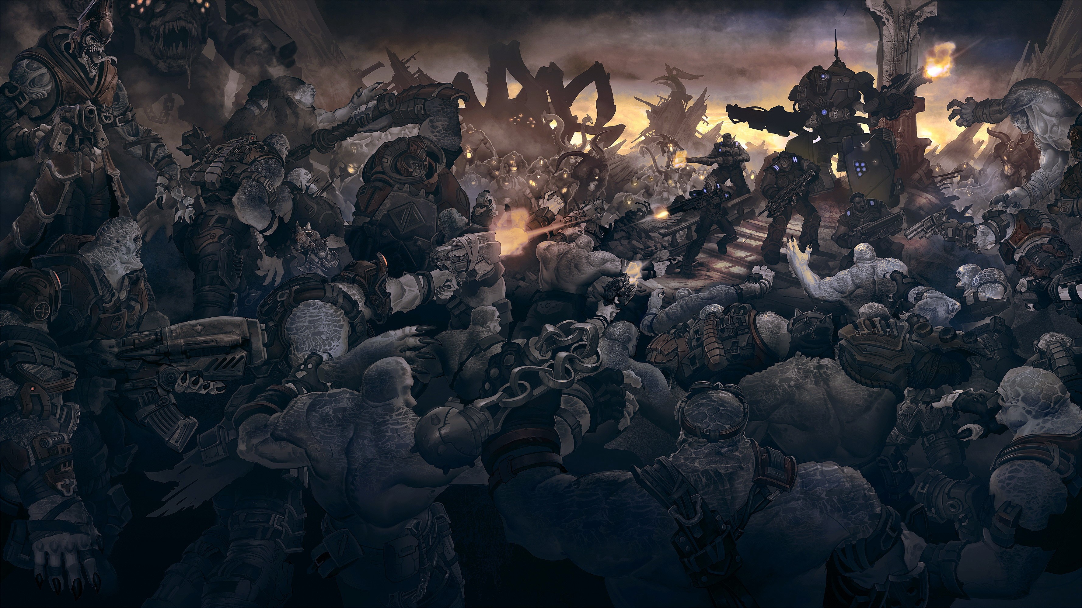 Gears of War battle scene with soldiers and monsters HD Wallpaper