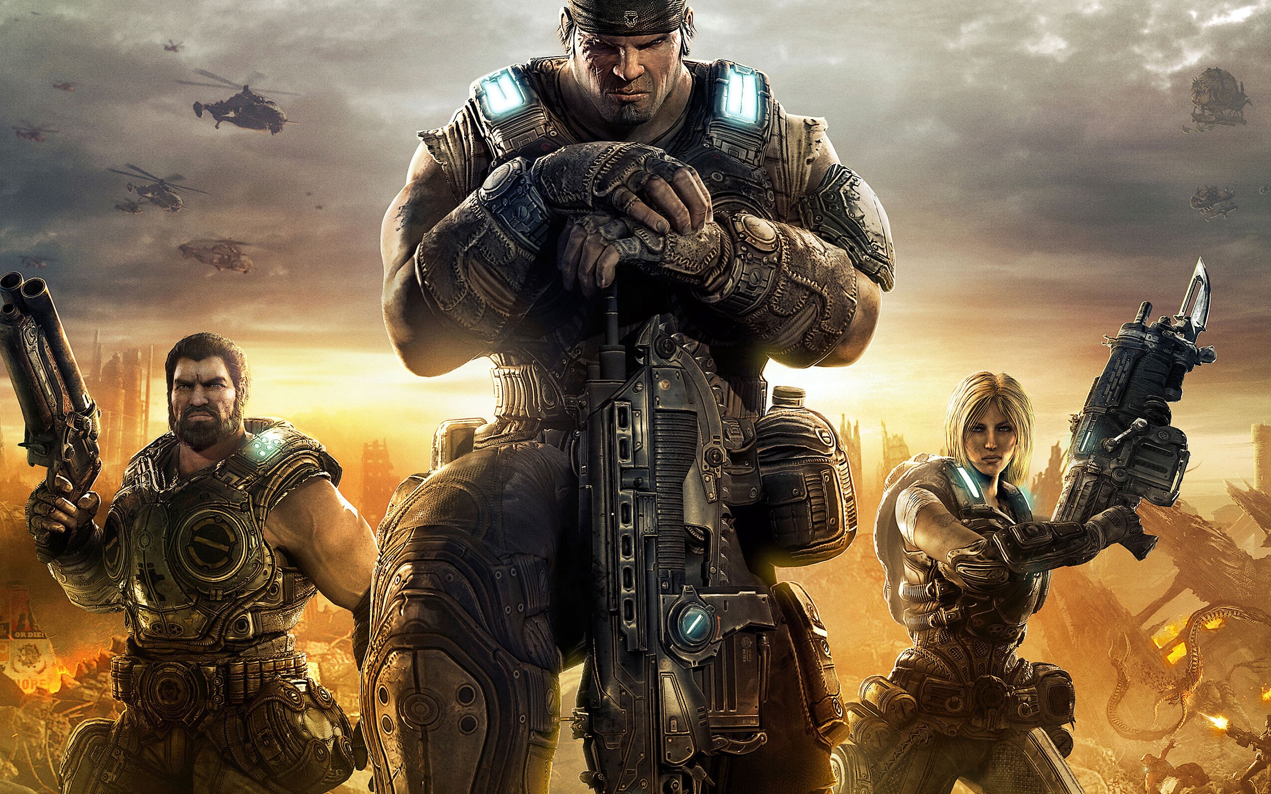 Gears of War characters in a war-torn landscape HD Wallpaper