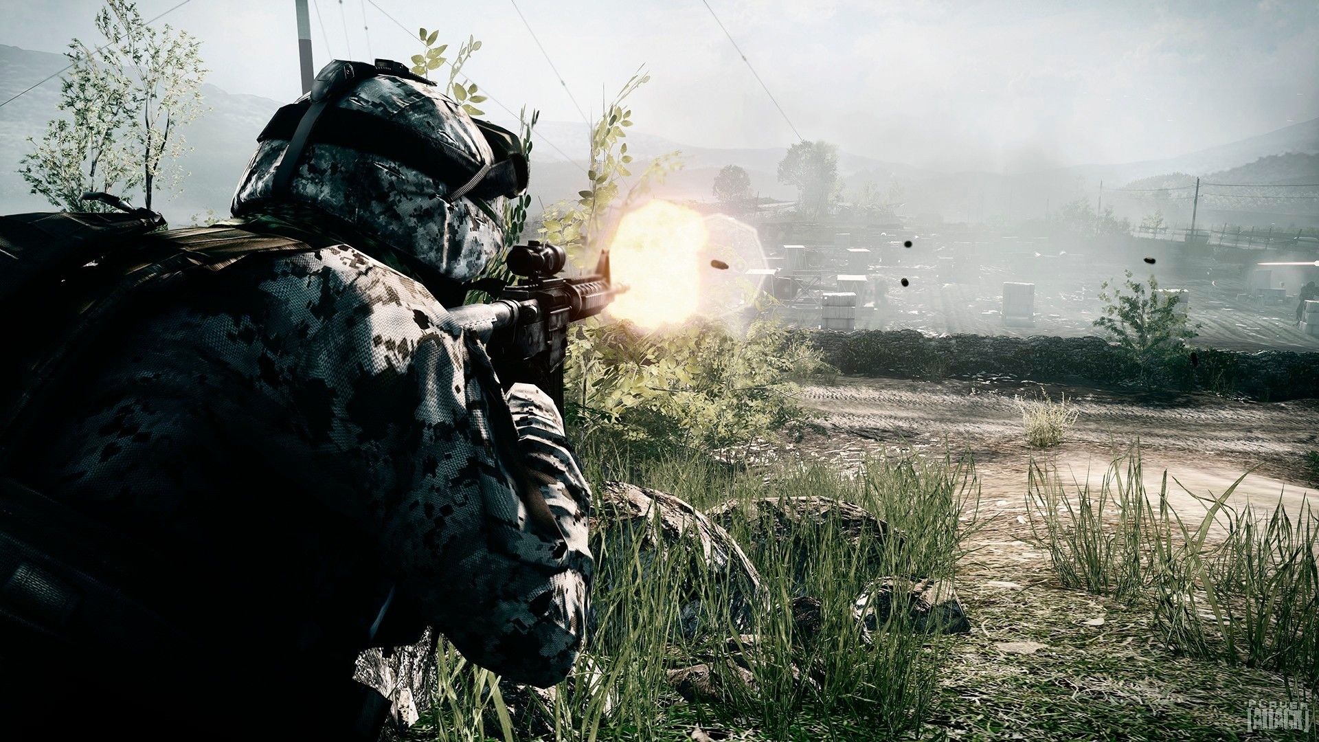 Soldier firing assault rifle in Battlefield HD Wallpaper
