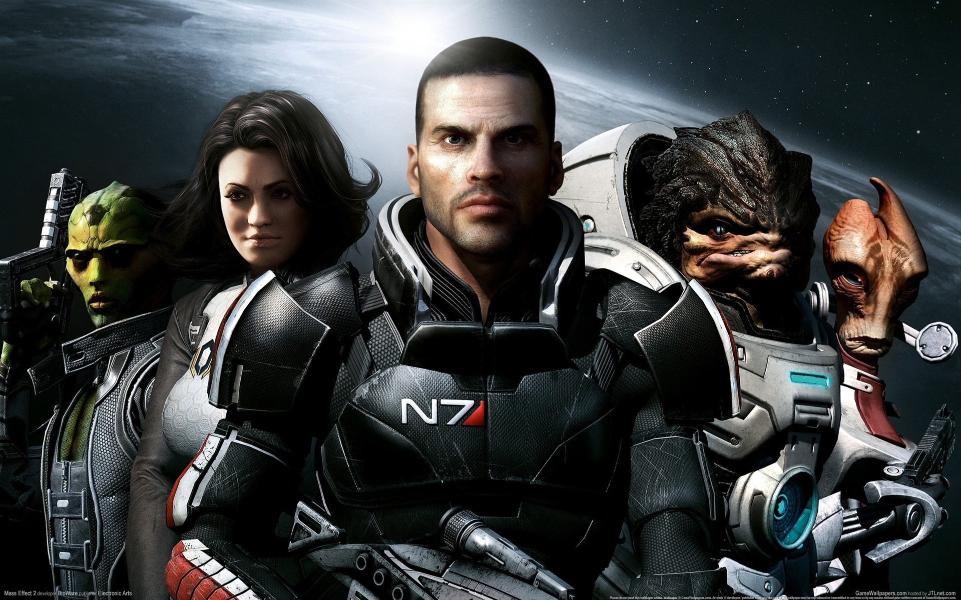 Mass Effect 2 characters Commander Shepard, Liara T'Soni, Grunt, and Mordin Solus HD Wallpaper