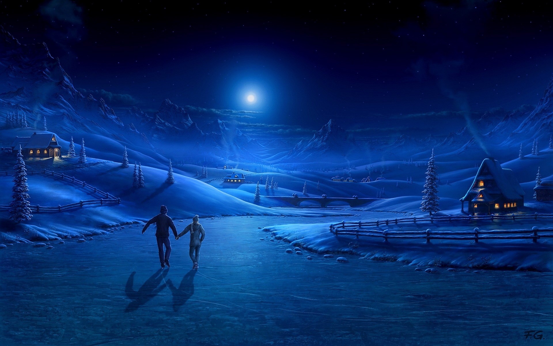 Couple ice skating under the moonlight in a snowy village HD Wallpaper