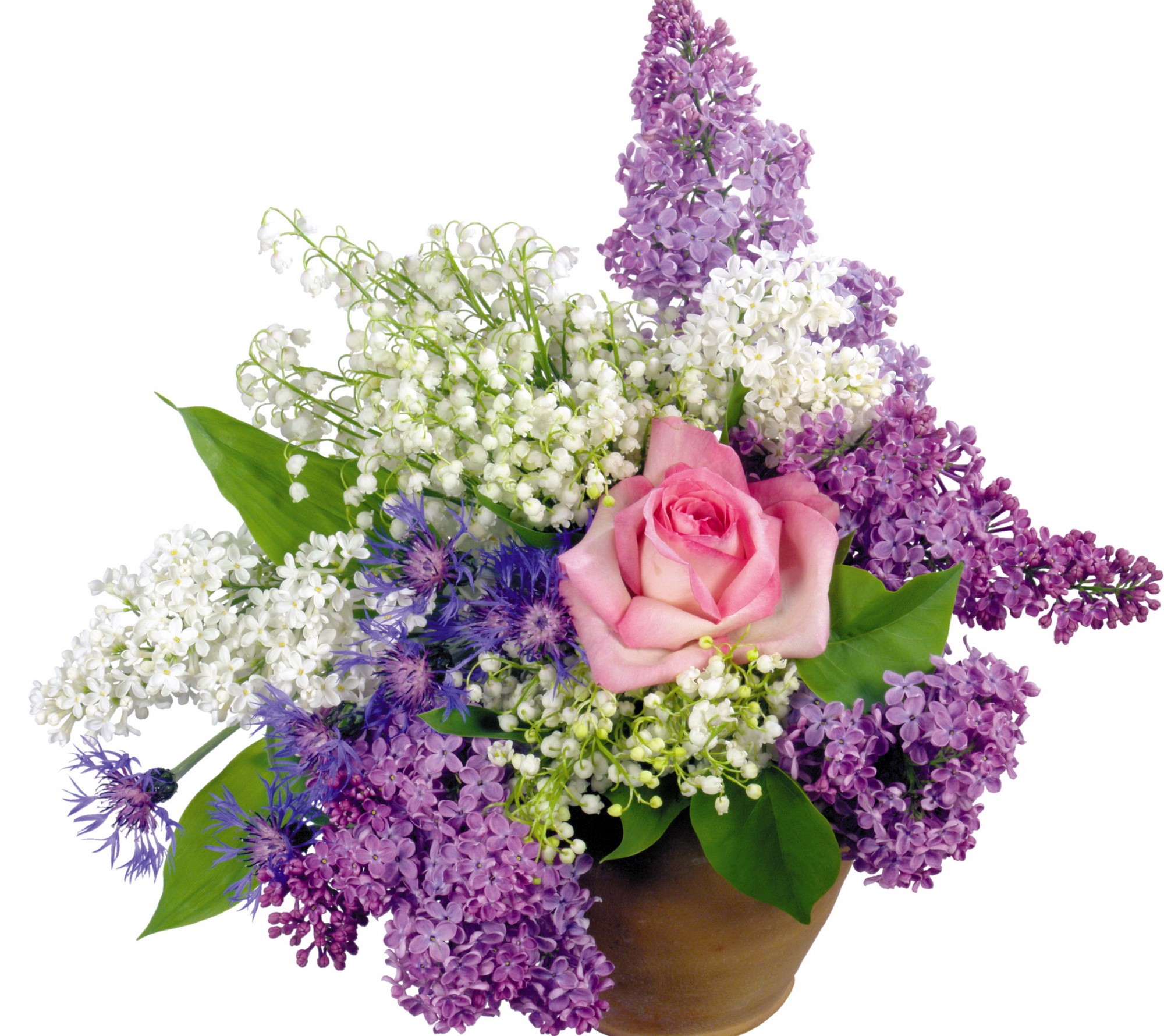 Bouquet of Lilacs, Roses, Lily of the Valley, and Cornflowers HD Wallpaper