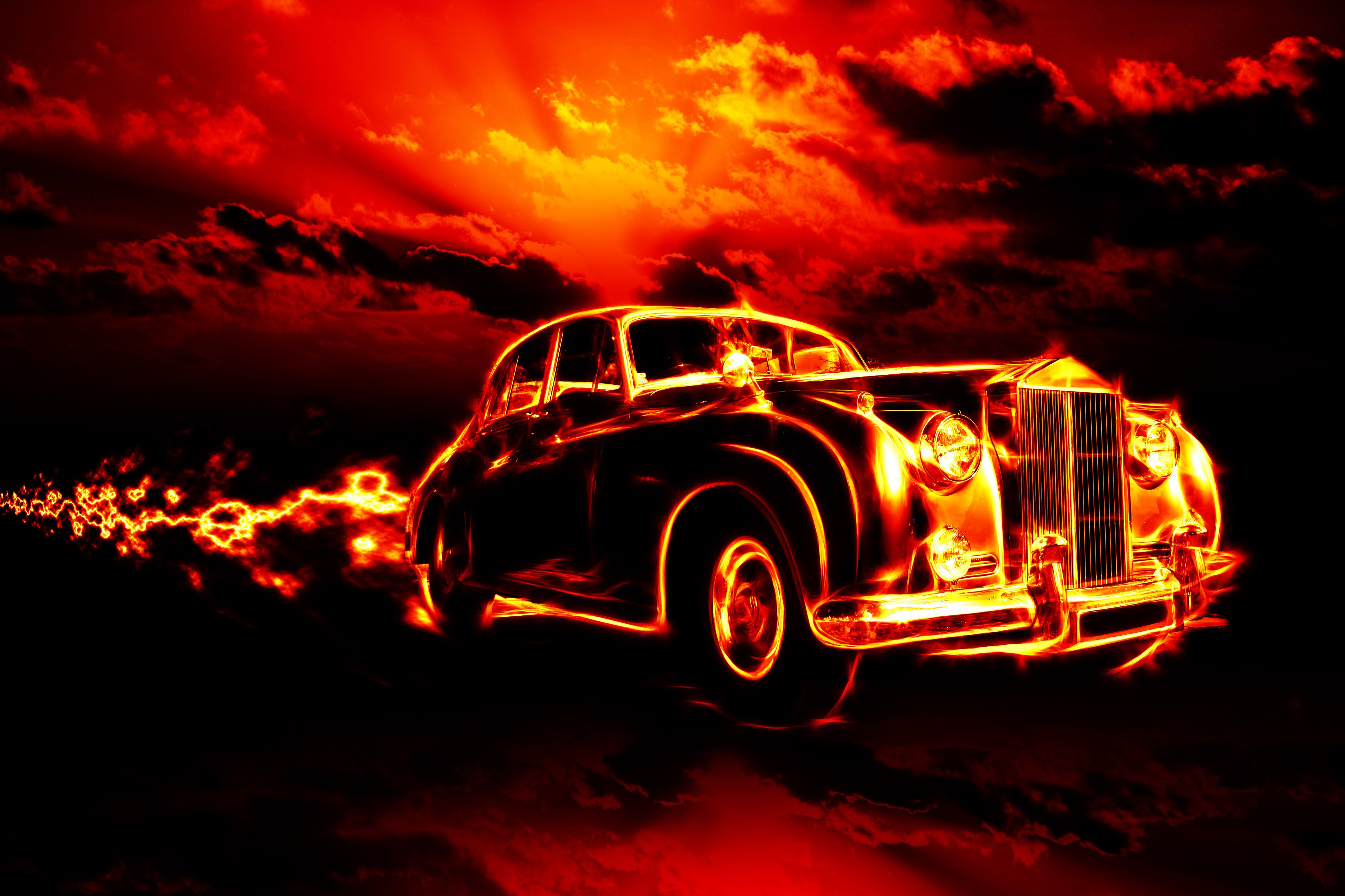 Vintage car engulfed in fire HD Wallpaper