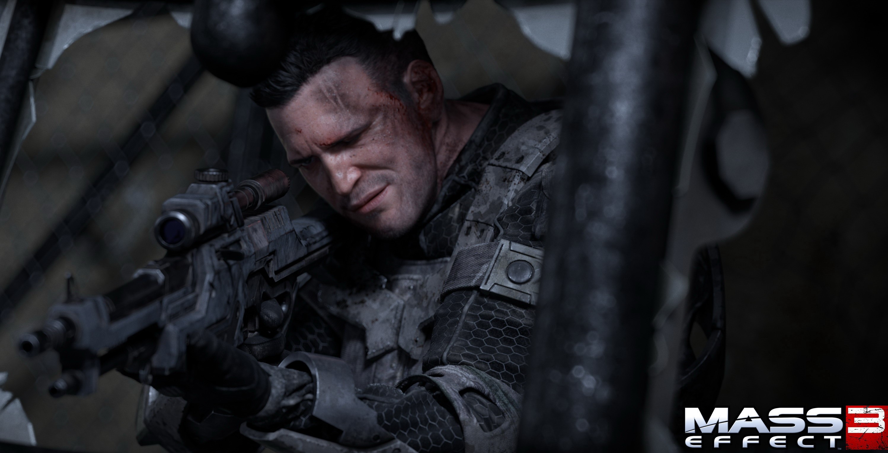 Soldier aiming a rifle in Mass Effect 3 HD Wallpaper