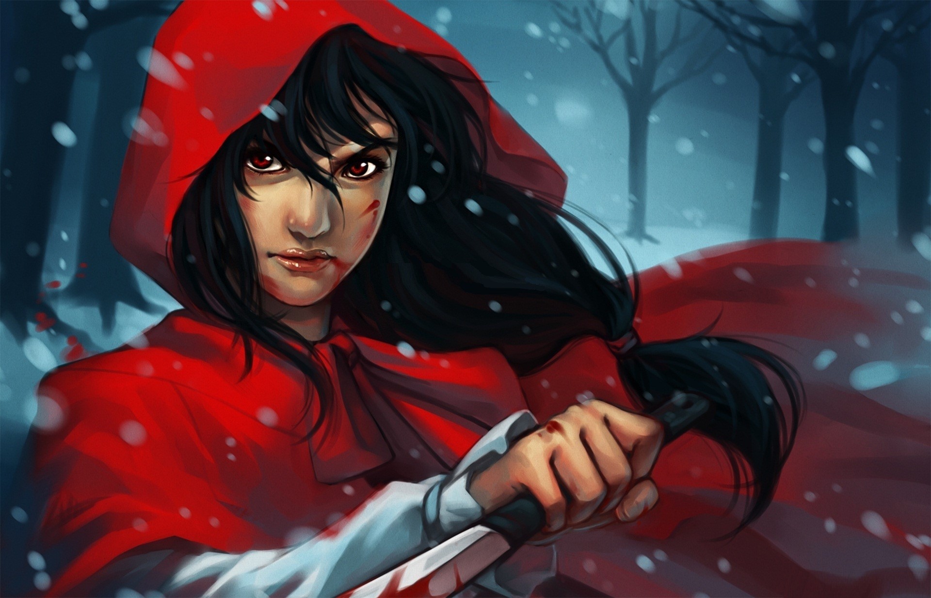 Girl in red hood with bloody knife in snowy forest HD Wallpaper