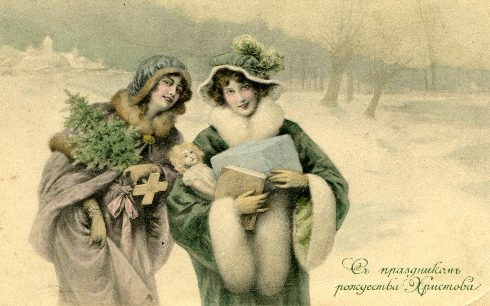 Two women with Christmas gifts in the snow HD Wallpaper