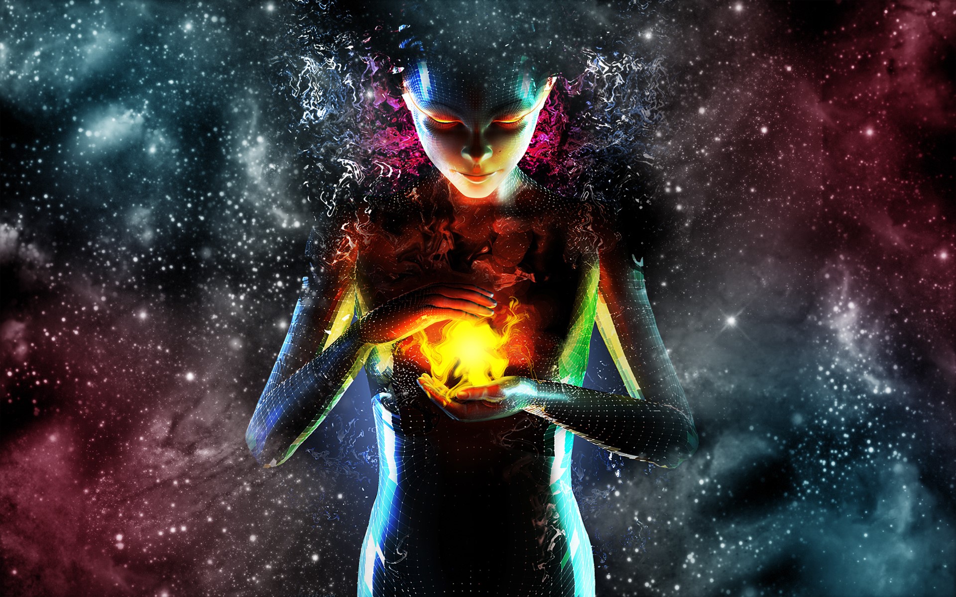 Woman holding magical fire in cosmic background HD Wallpaper