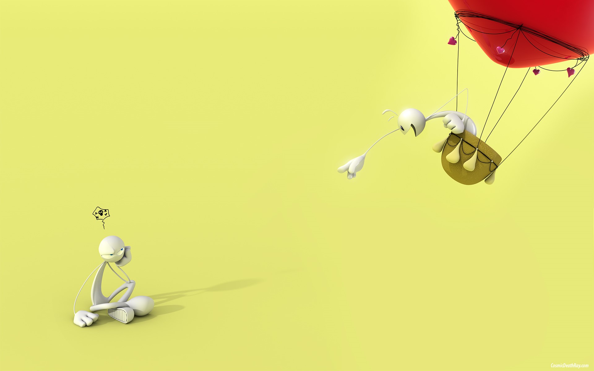 A white figure sits and thinks, another figure in a hot air balloon. HD Wallpaper