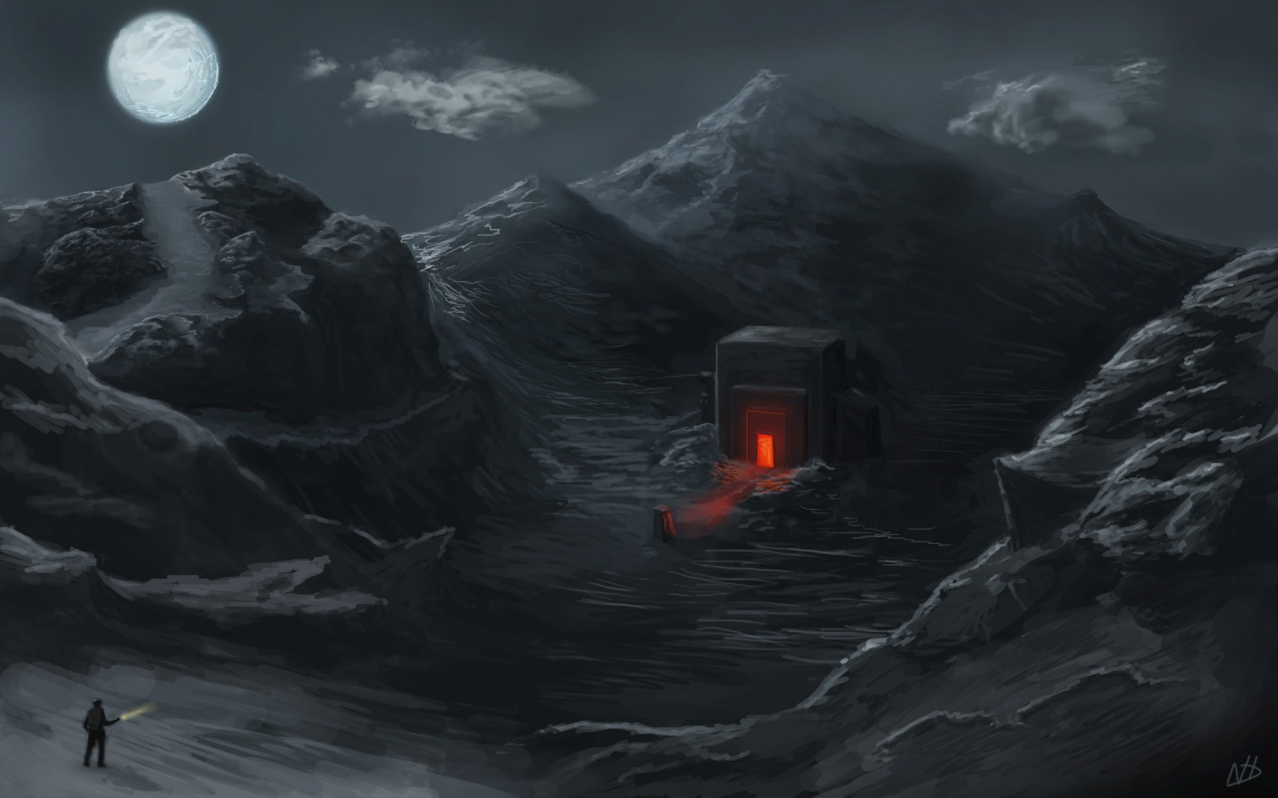 A lone figure with a flashlight approaches a mysterious glowing structure in a dark, mountainous landscape under a full moon. HD Wallpaper