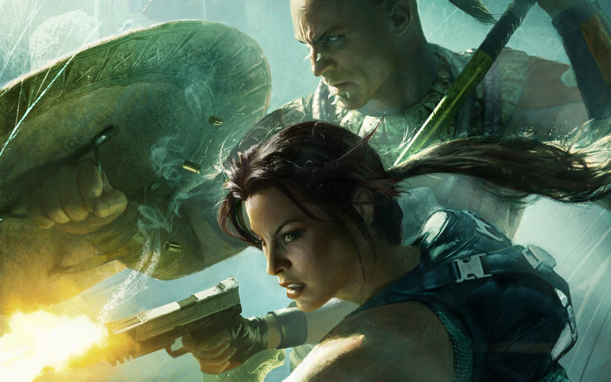 Lara Croft from Tomb Raider firing a pistol HD Wallpaper