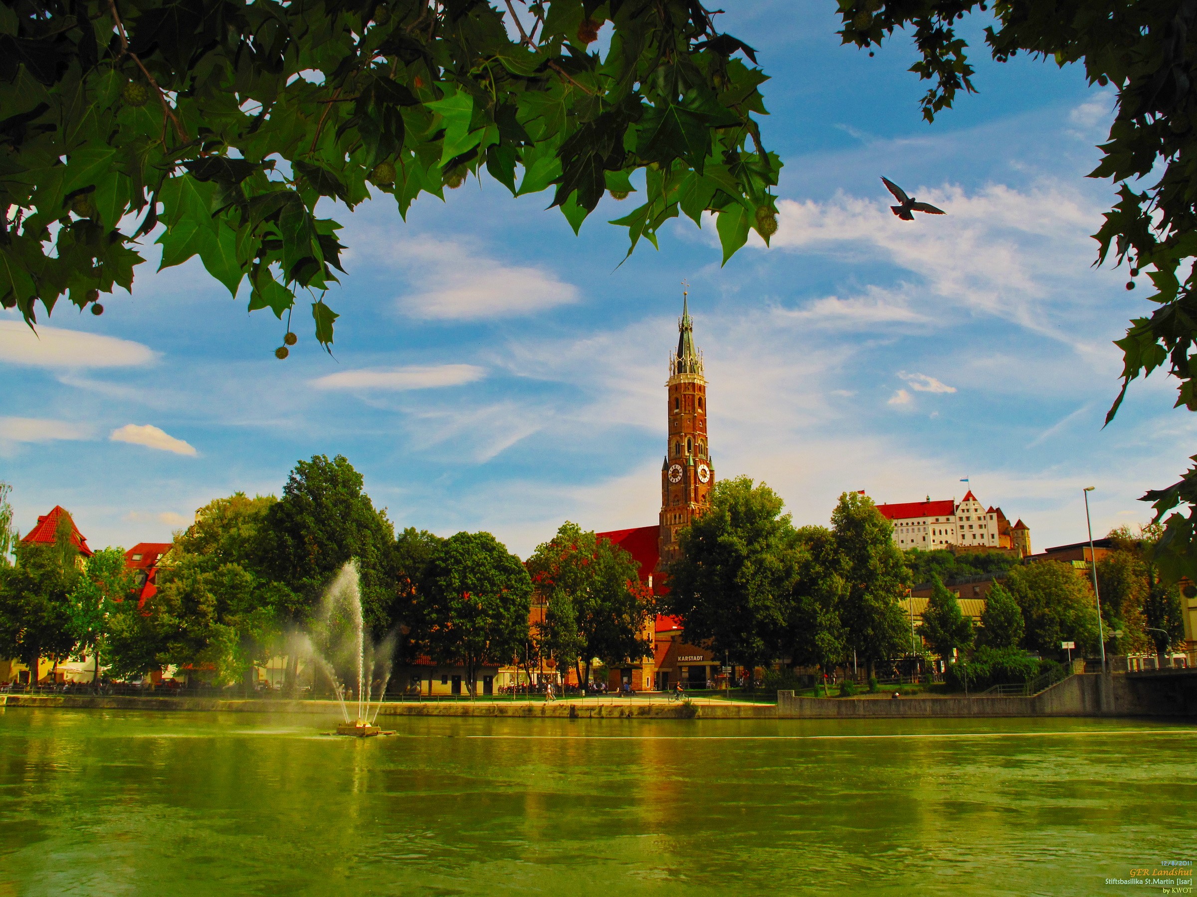 Church tower and castle by a river in Germany HD Wallpaper