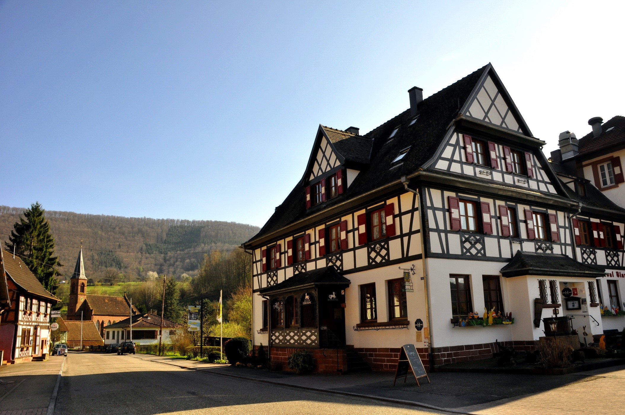 Half-timbered buildings in a French village HD Wallpaper