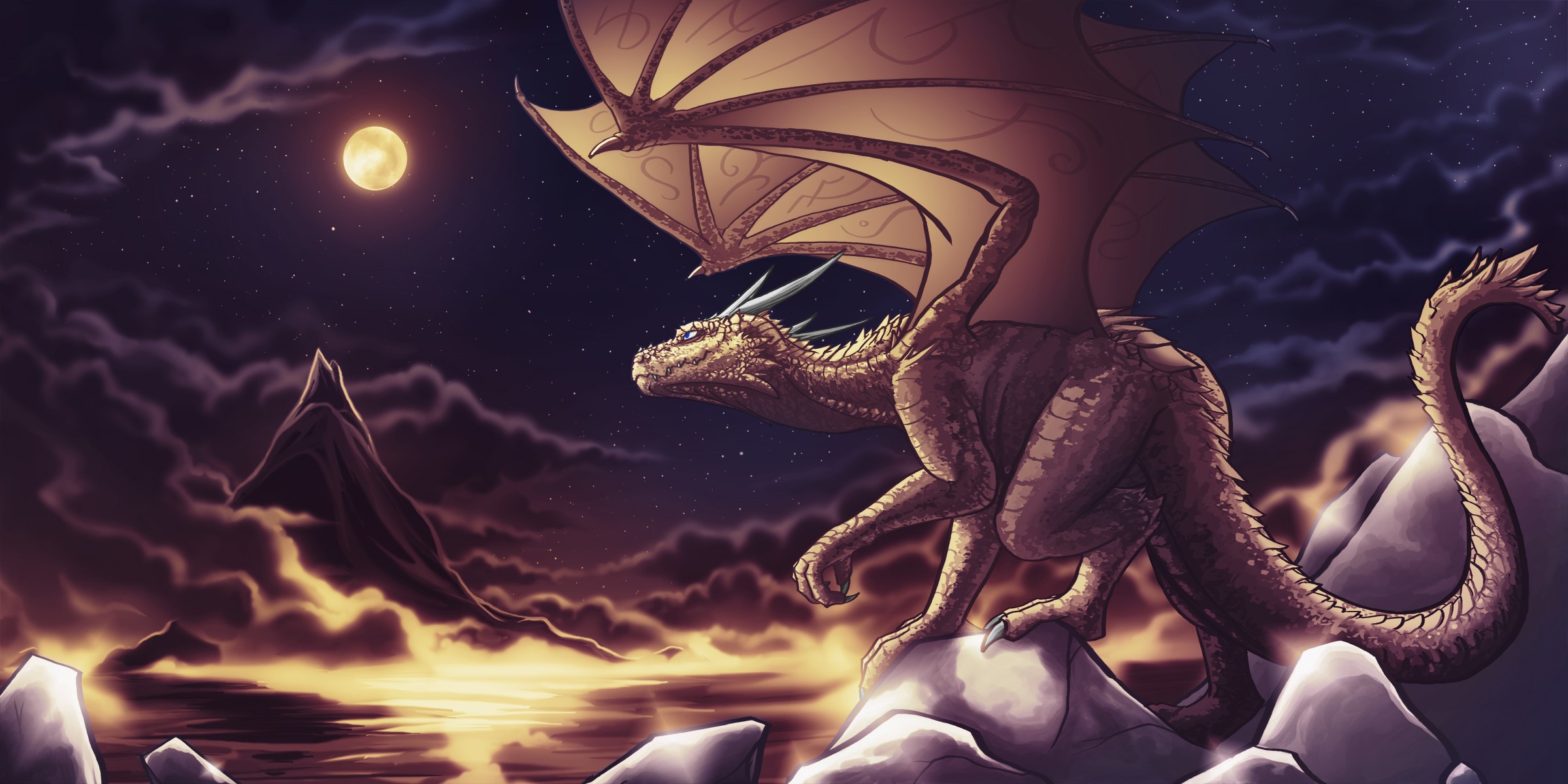 Dragon perched on rocks under a full moon HD Wallpaper