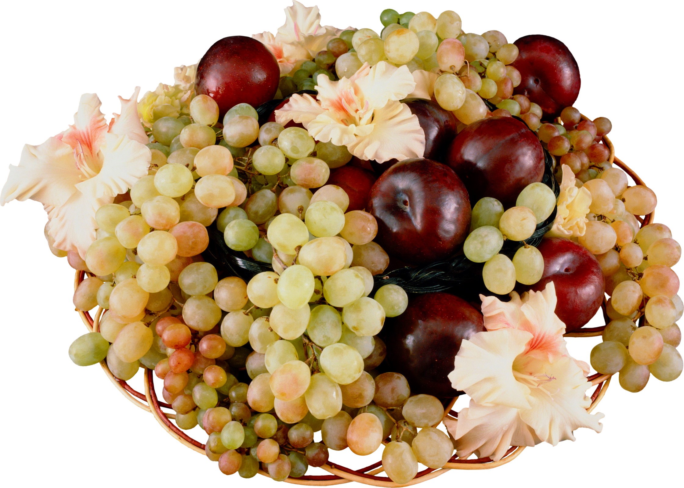 Fruit basket with grapes, plums, and flowers HD Wallpaper