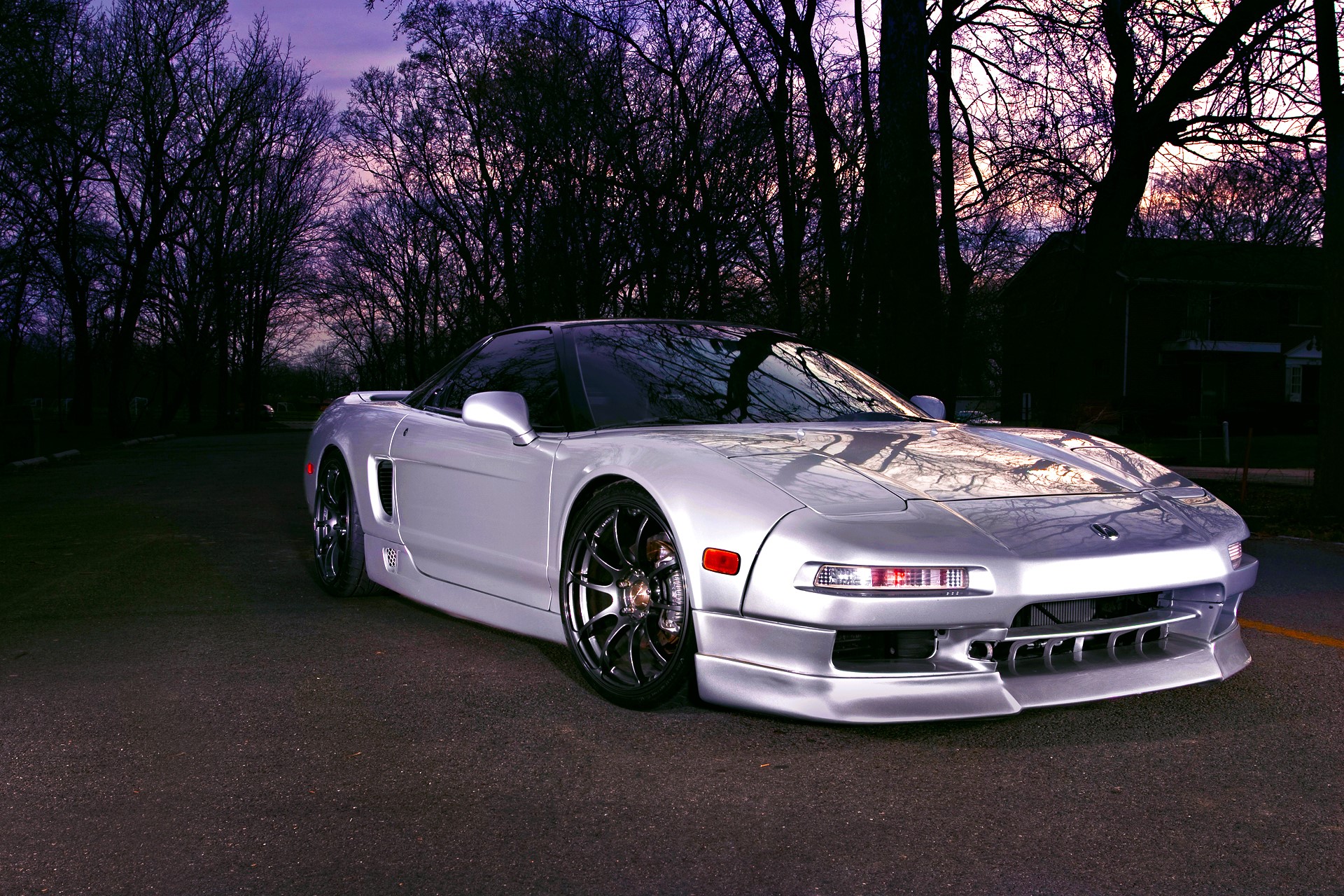 Silver Acura NSX parked on a street at dusk HD Wallpaper