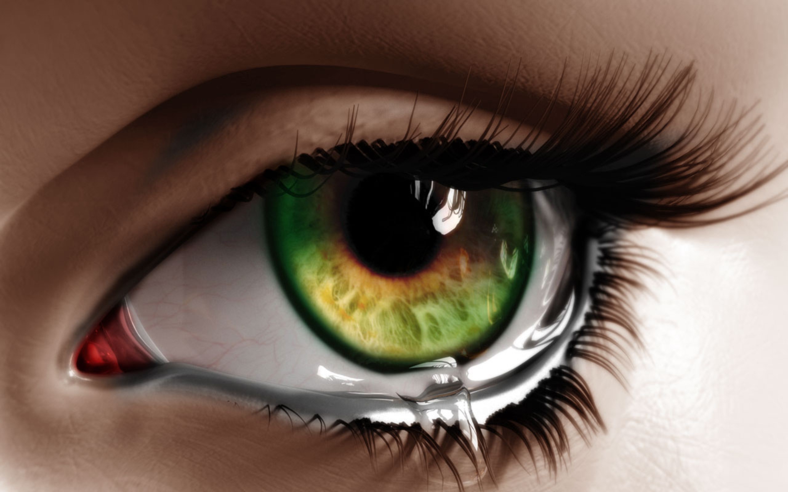 Close-up of a crying green eye with long eyelashes HD Wallpaper