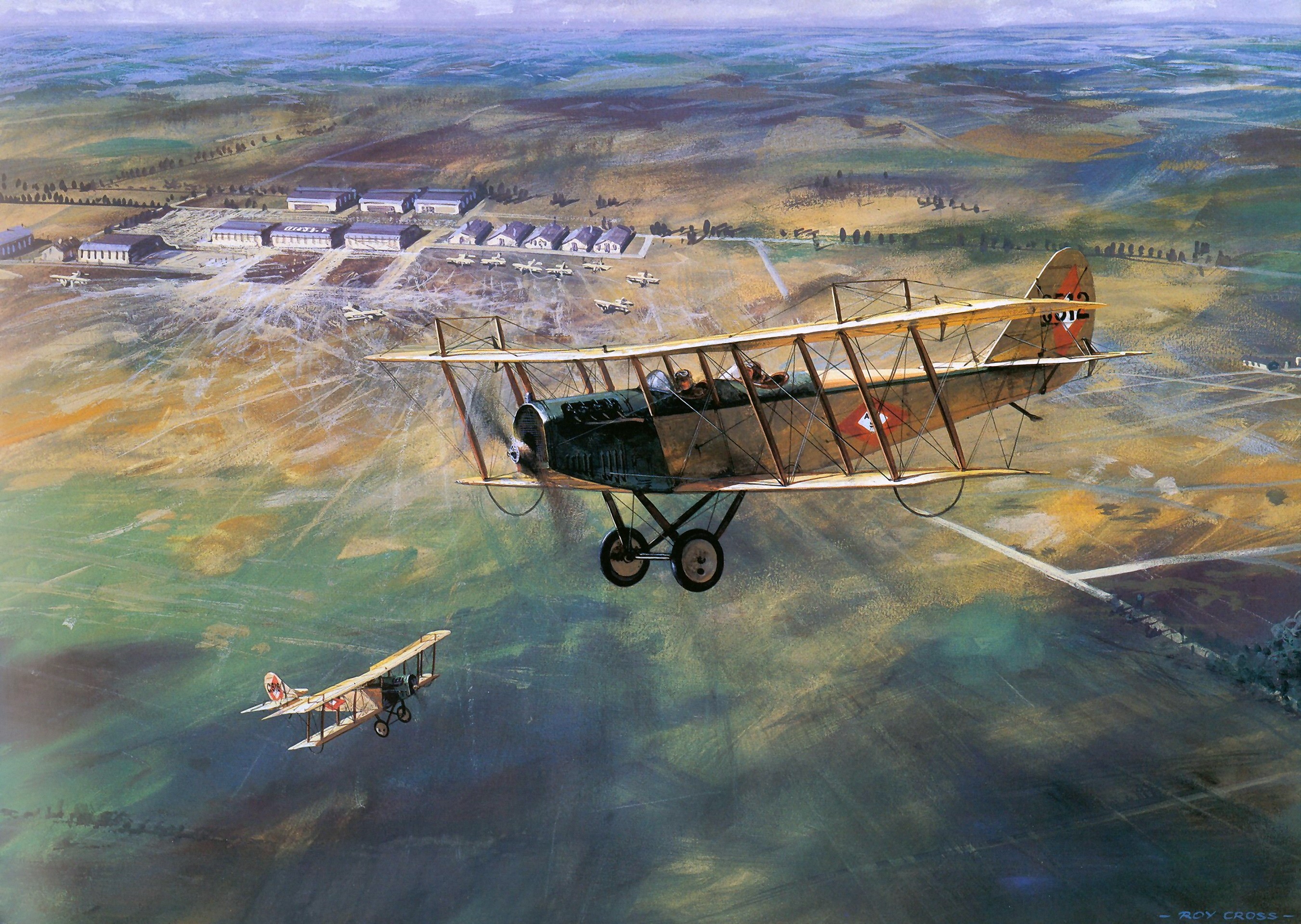 Roy Cross painting of biplanes over an airfield HD Wallpaper