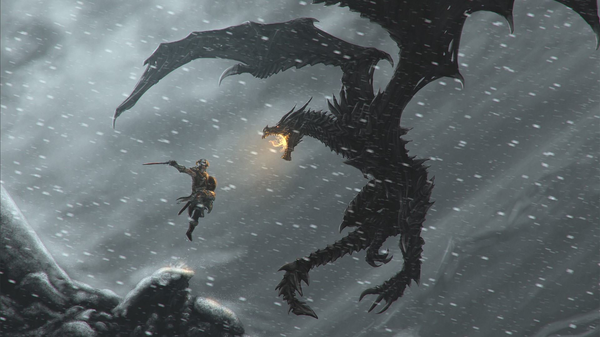 Dragonborn fighting a dragon in Skyrim HD Wallpaper