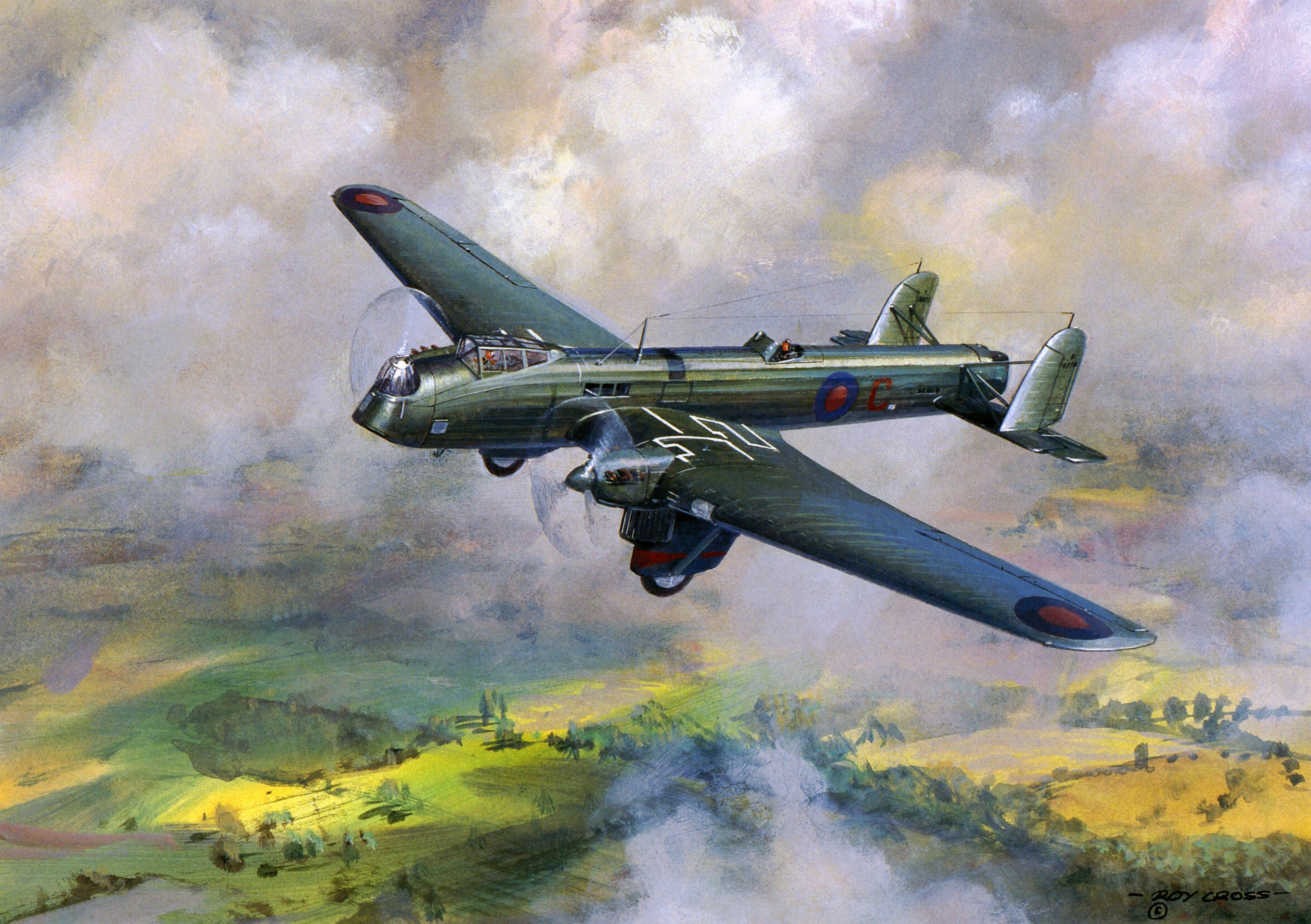 Painting of a British bomber aircraft flying over countryside HD Wallpaper