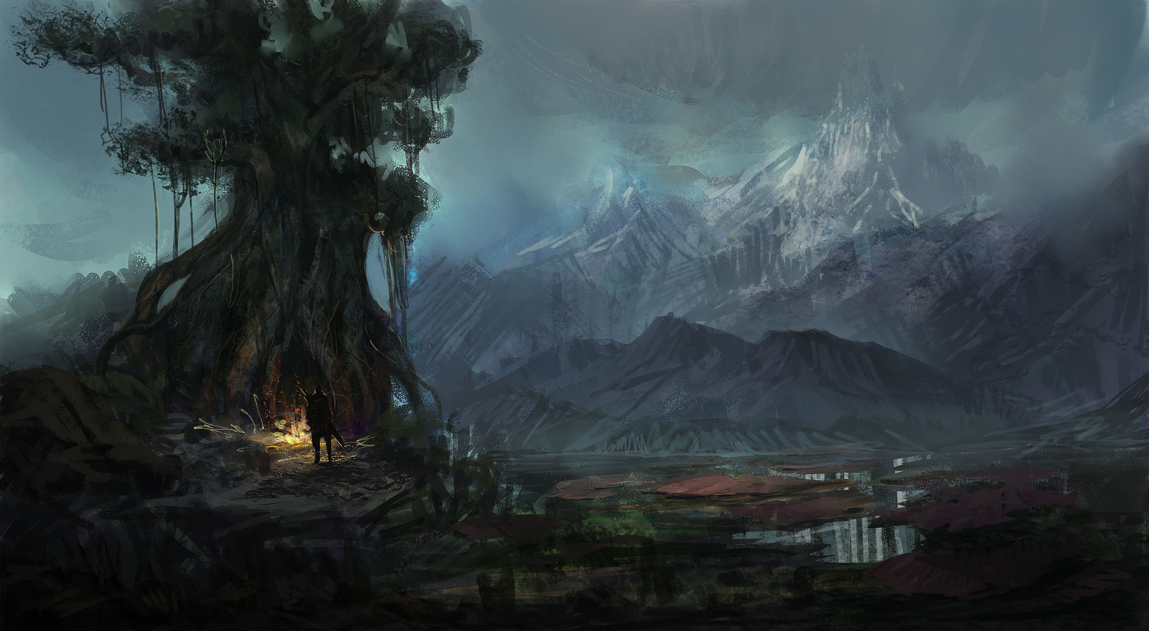 Fantastic world with a large tree and mountains HD Wallpaper