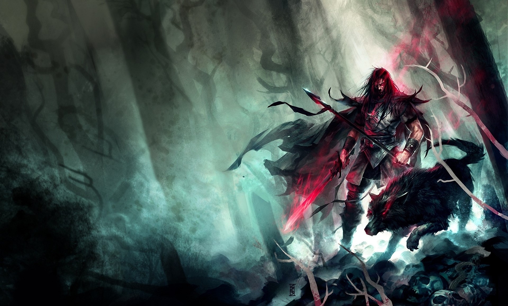 Warrior with spear and wolf in dark forest HD Wallpaper