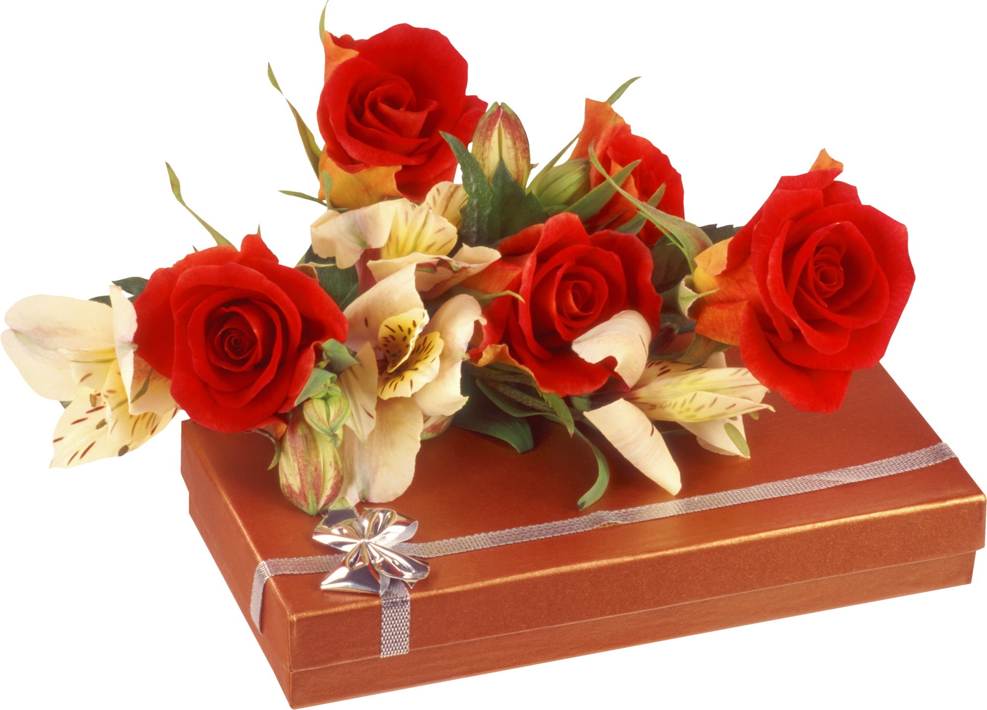 Red roses and alstroemeria on a gift box HD Wallpaper