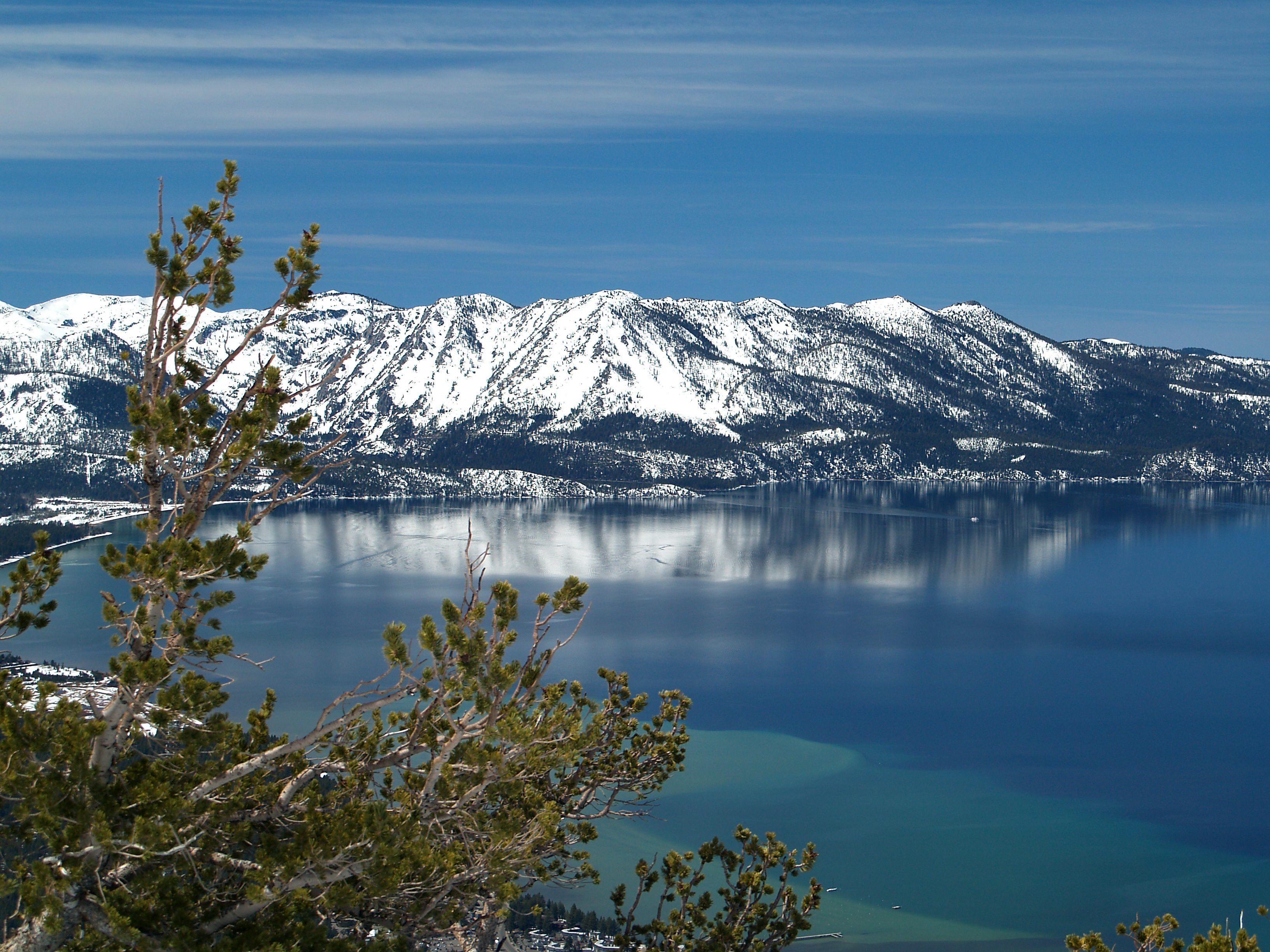 Snow-capped mountains reflected in a lake with pine trees HD Wallpaper