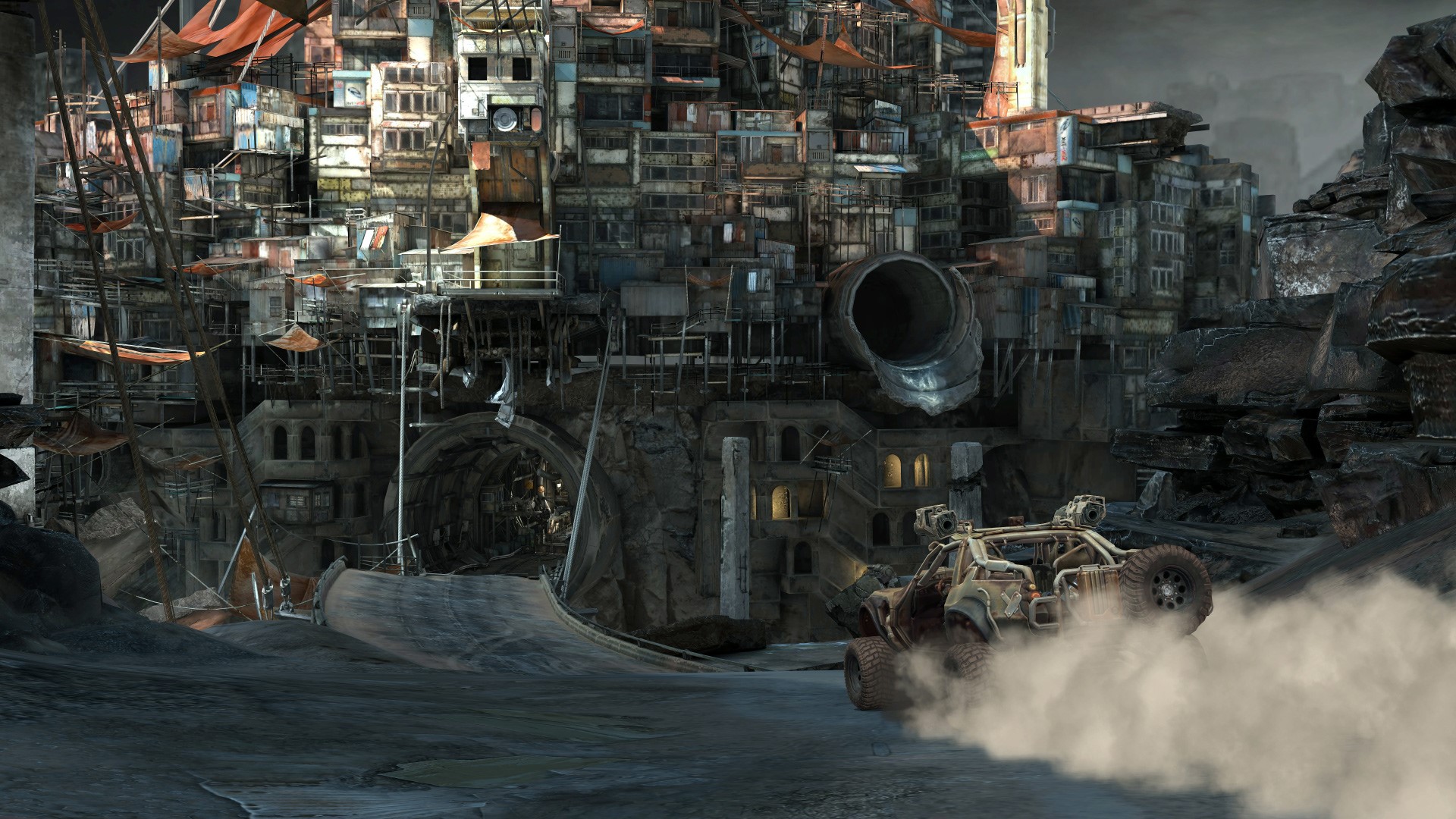 A buggy kicks up dust in a post-apocalyptic city HD Wallpaper