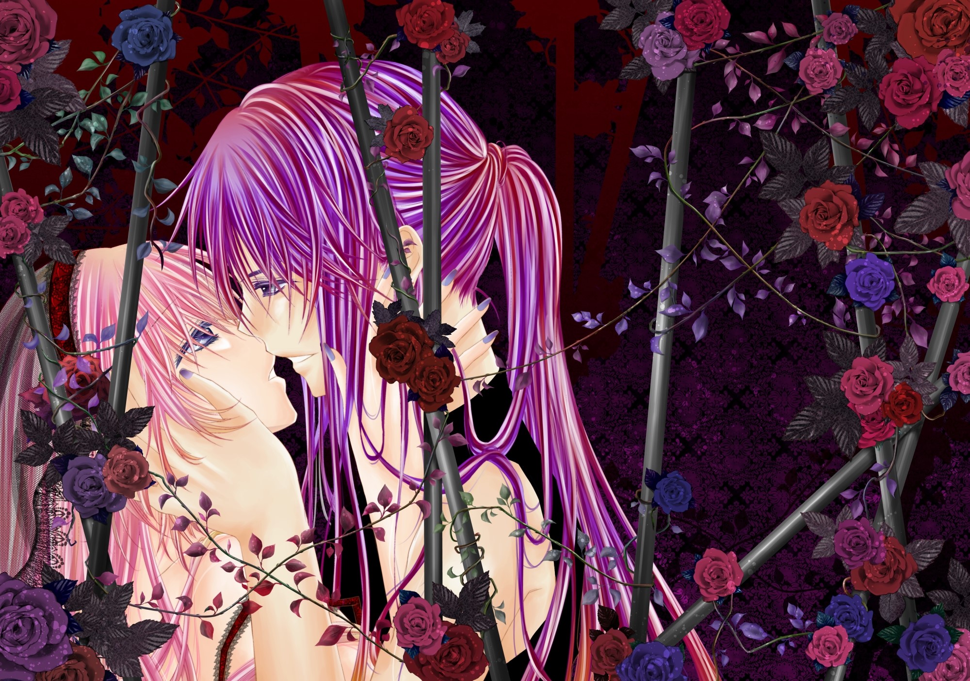 Two anime characters with pink and purple hair kissing HD Wallpaper