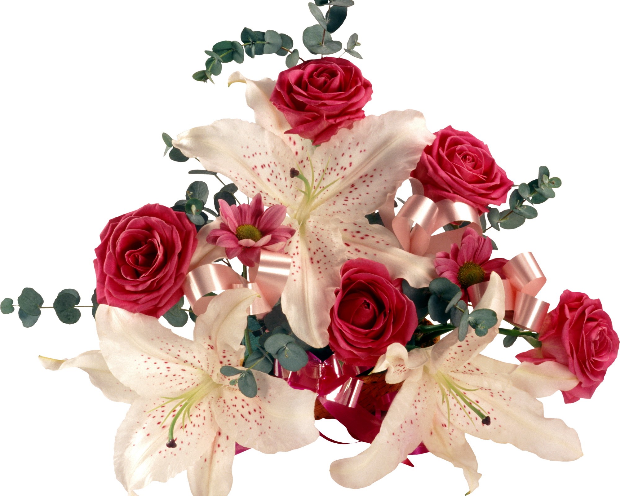 Bouquet of Roses and Lilies with Eucalyptus and Ribbons HD Wallpaper