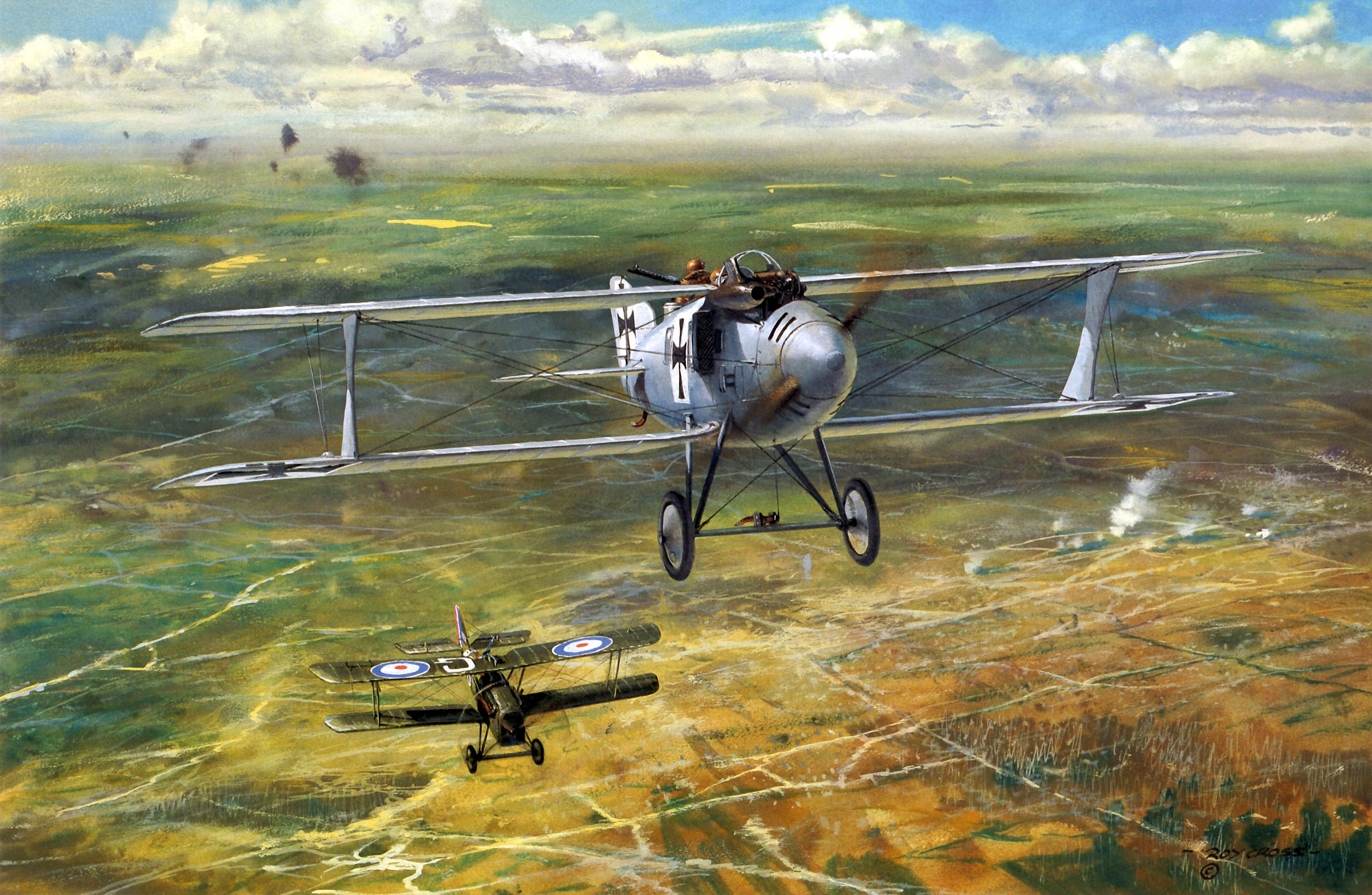 World War I Biplanes in Aerial Combat Painting HD Wallpaper