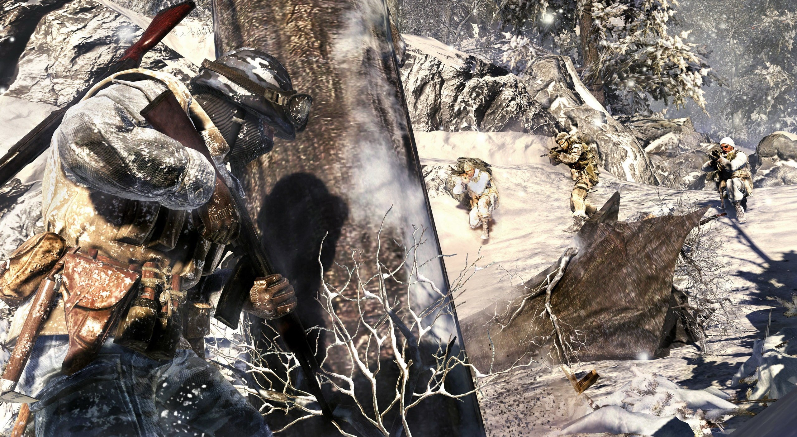 Soldiers in a snowy forest during a battle HD Wallpaper