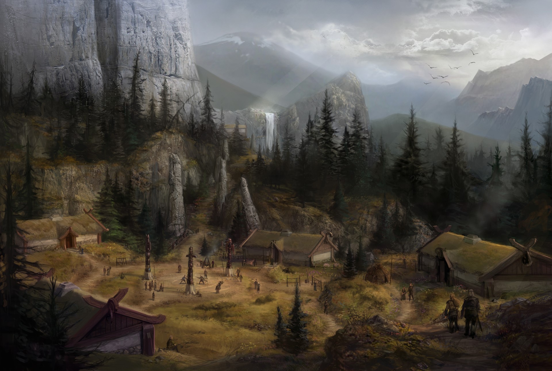 Viking village in a mountainous forest landscape HD Wallpaper