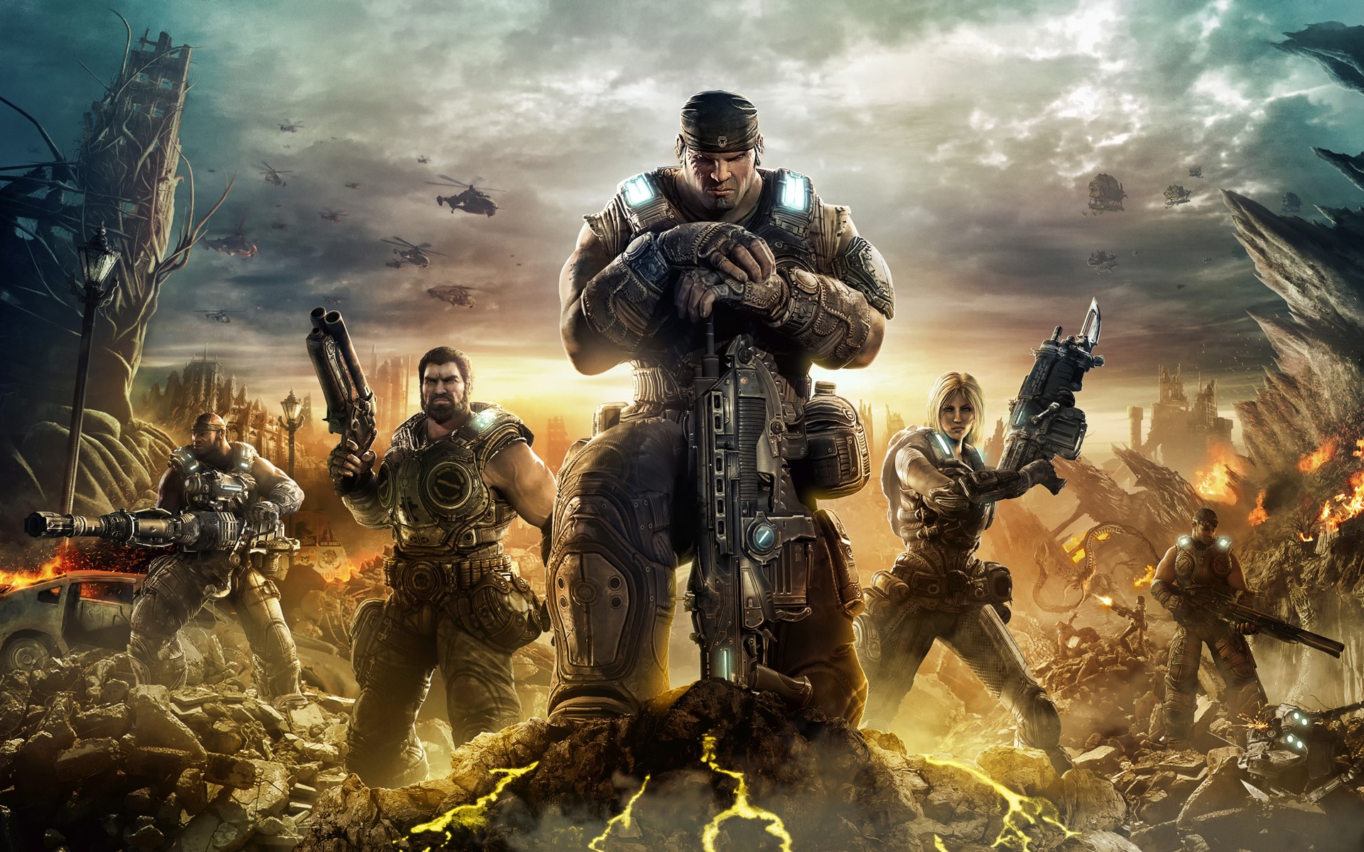 Gears of War characters in a war-torn landscape HD Wallpaper