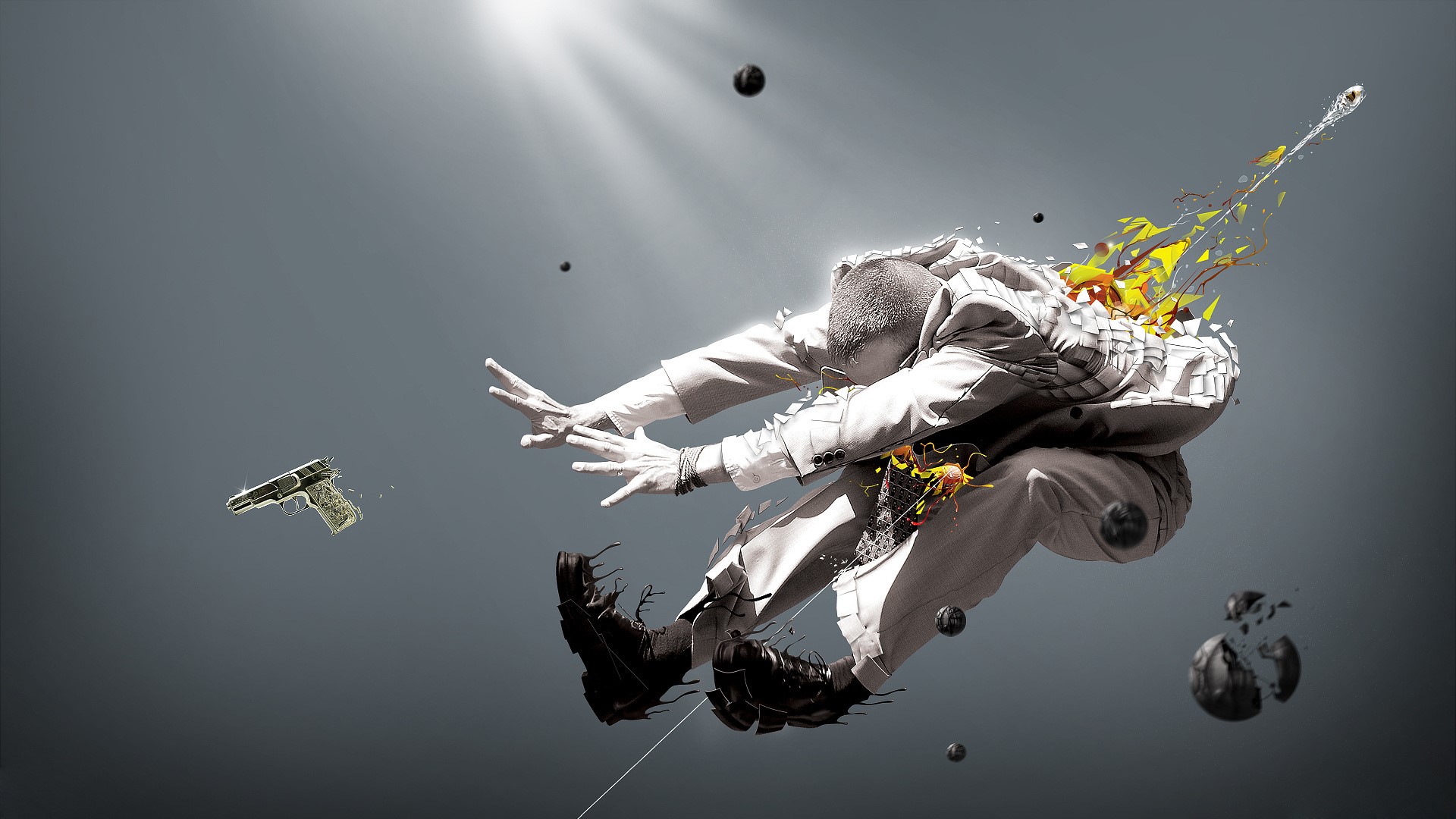 Man in suit exploding with gun and orbs HD Wallpaper
