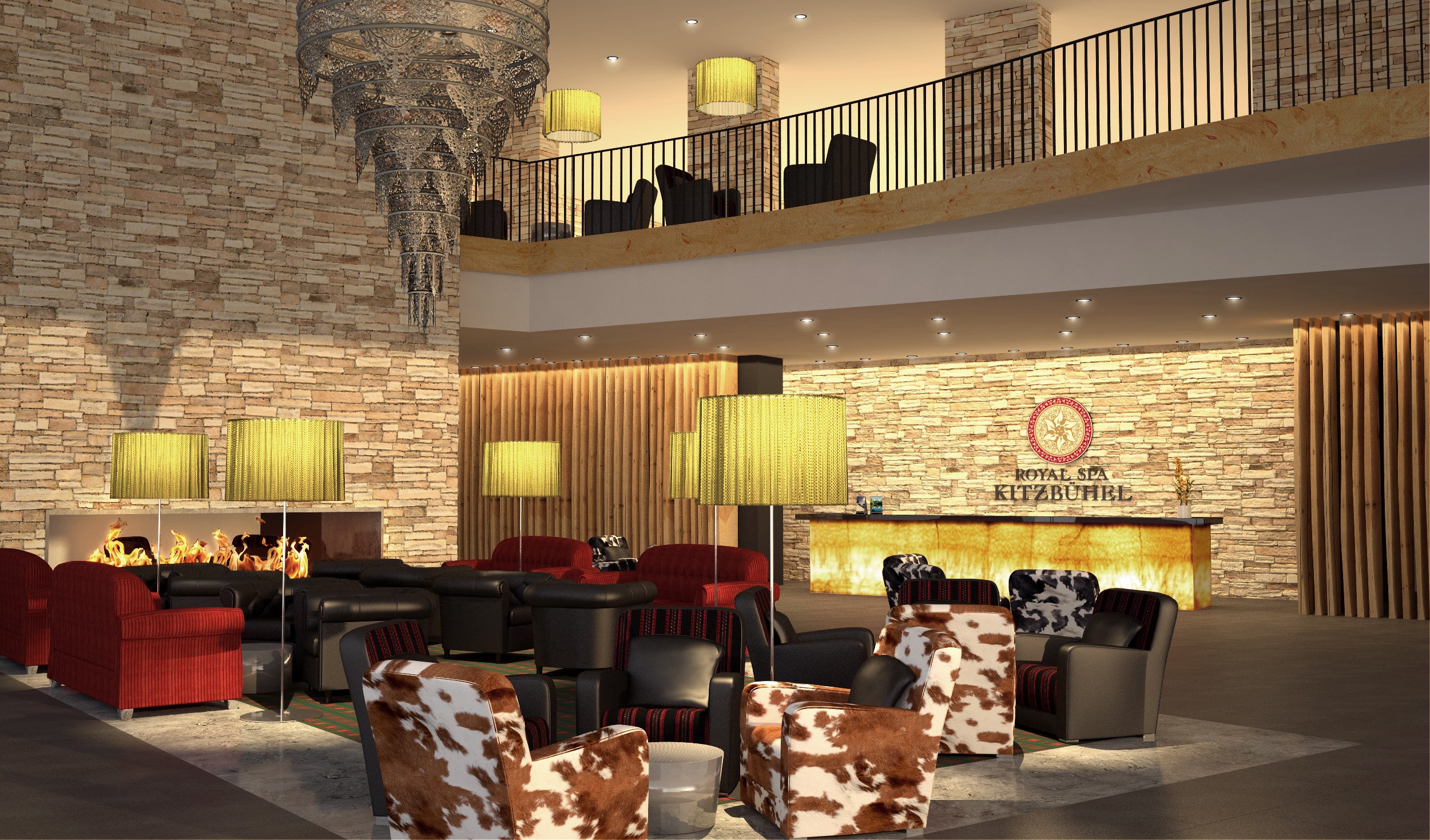 Hotel lobby with stone walls, fireplace, and seating areas HD Wallpaper