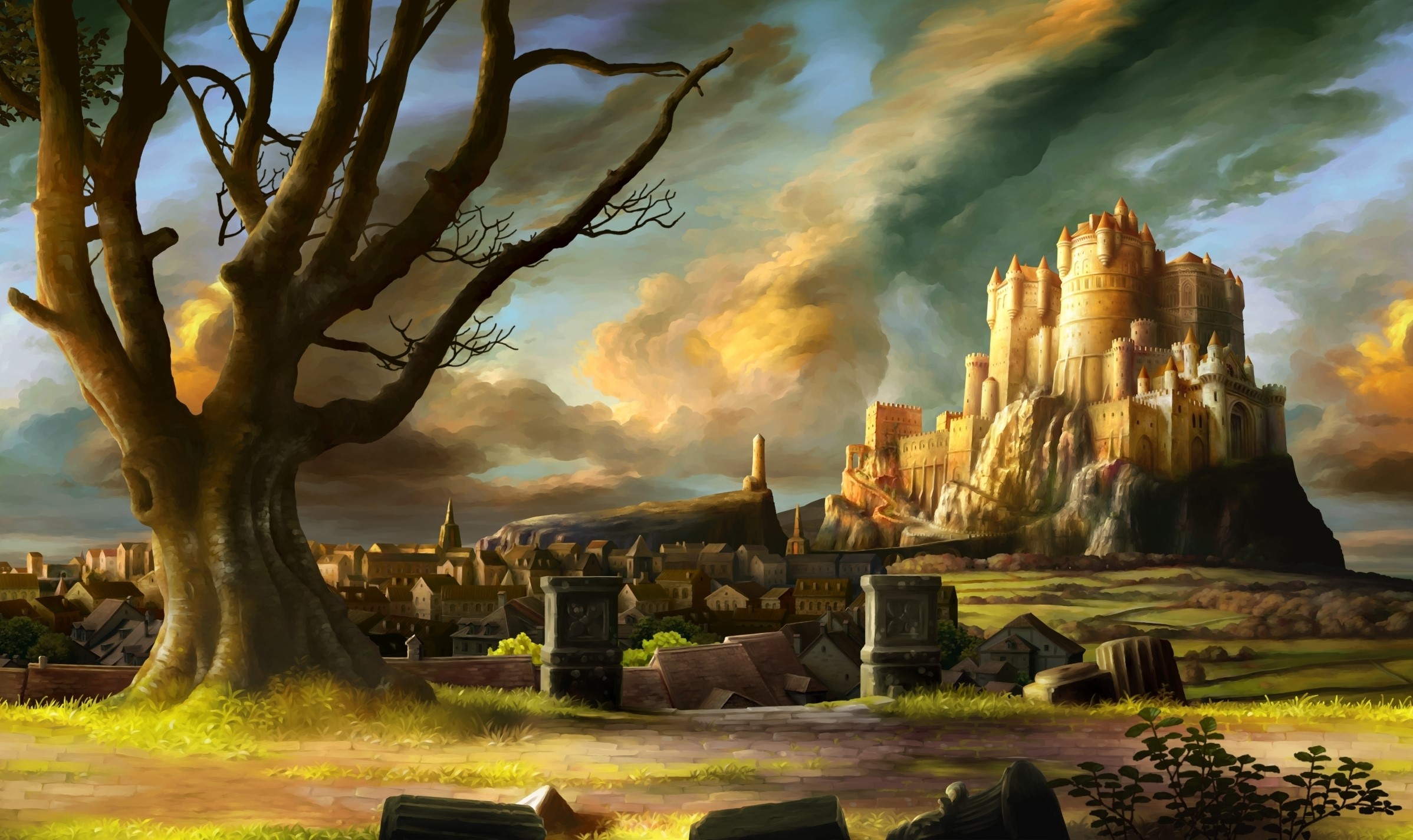 Fantasy castle on a hill overlooking a town HD Wallpaper
