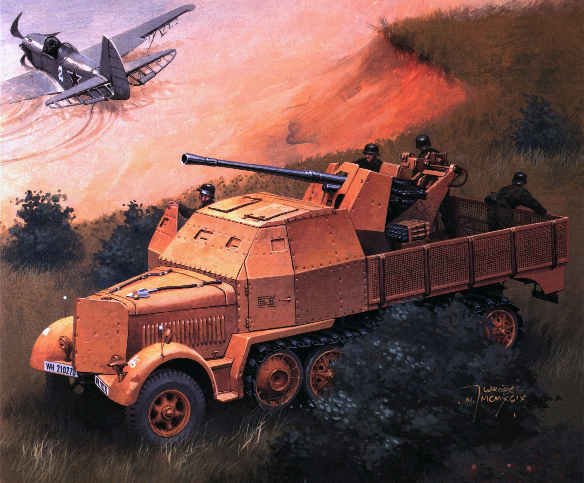 German half-track anti-aircraft vehicle and airplane HD Wallpaper