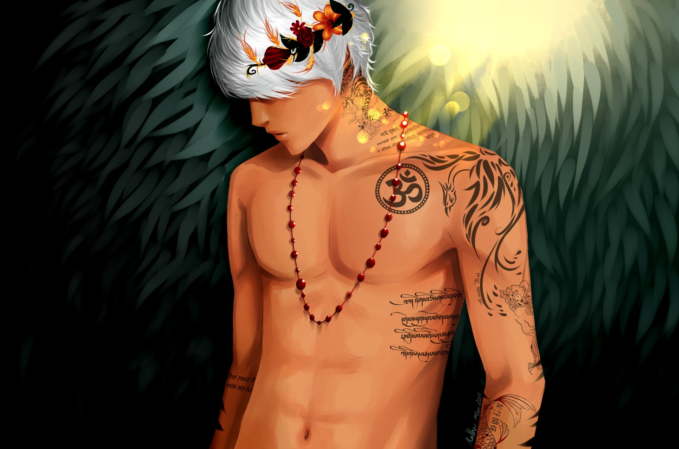Young man with tattoos and flowers in hair HD Wallpaper
