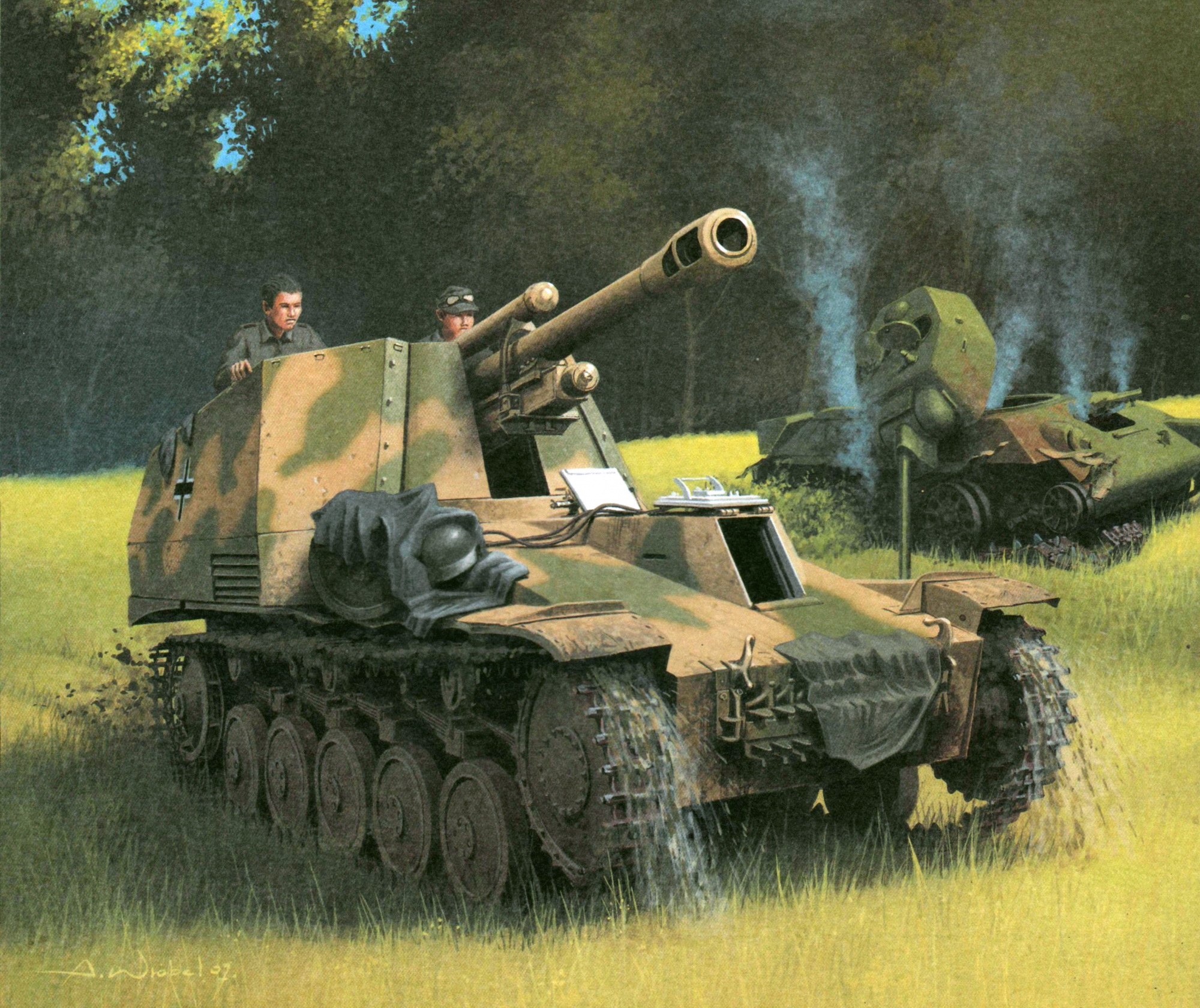 German SPG in a field with destroyed tanks HD Wallpaper