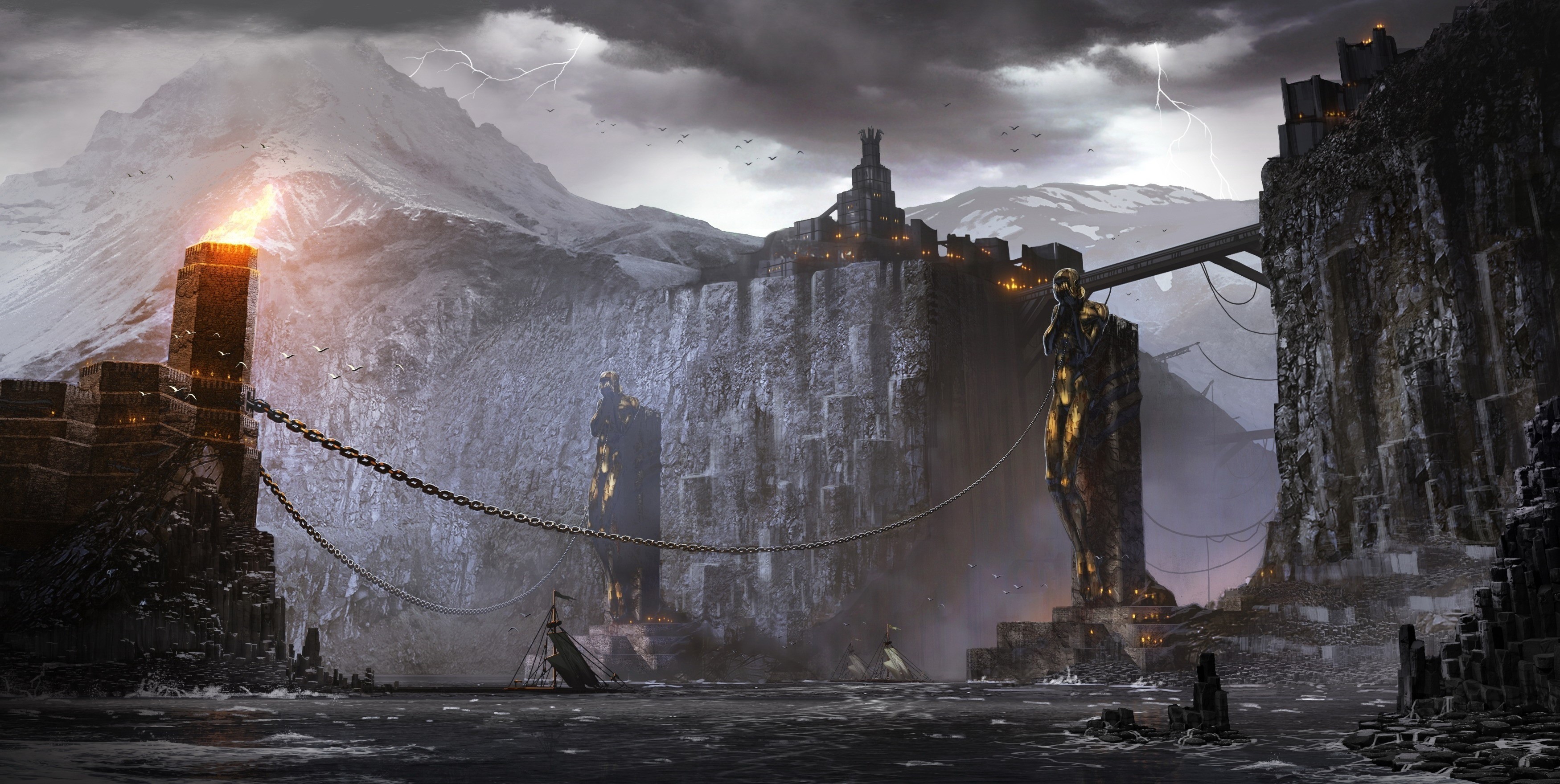 Dragon Age II Fortress with Giant Statues HD Wallpaper