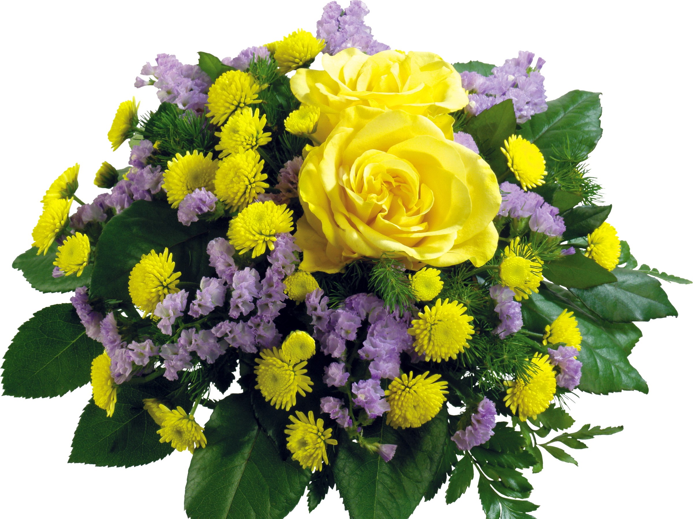 Yellow roses and purple flowers bouquet HD Wallpaper