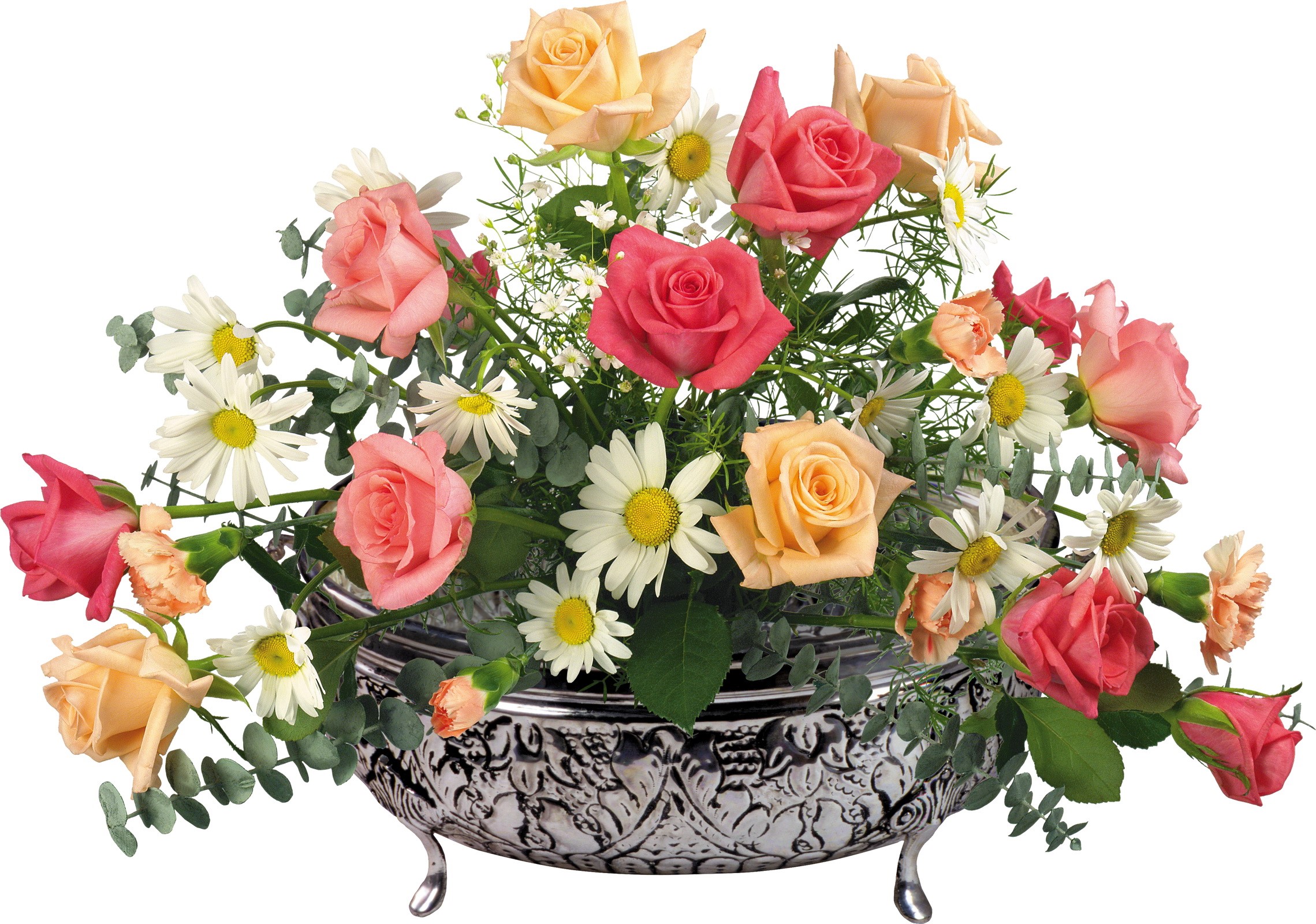 Bouquet of Roses and Daisies in a Silver Vase HD Wallpaper