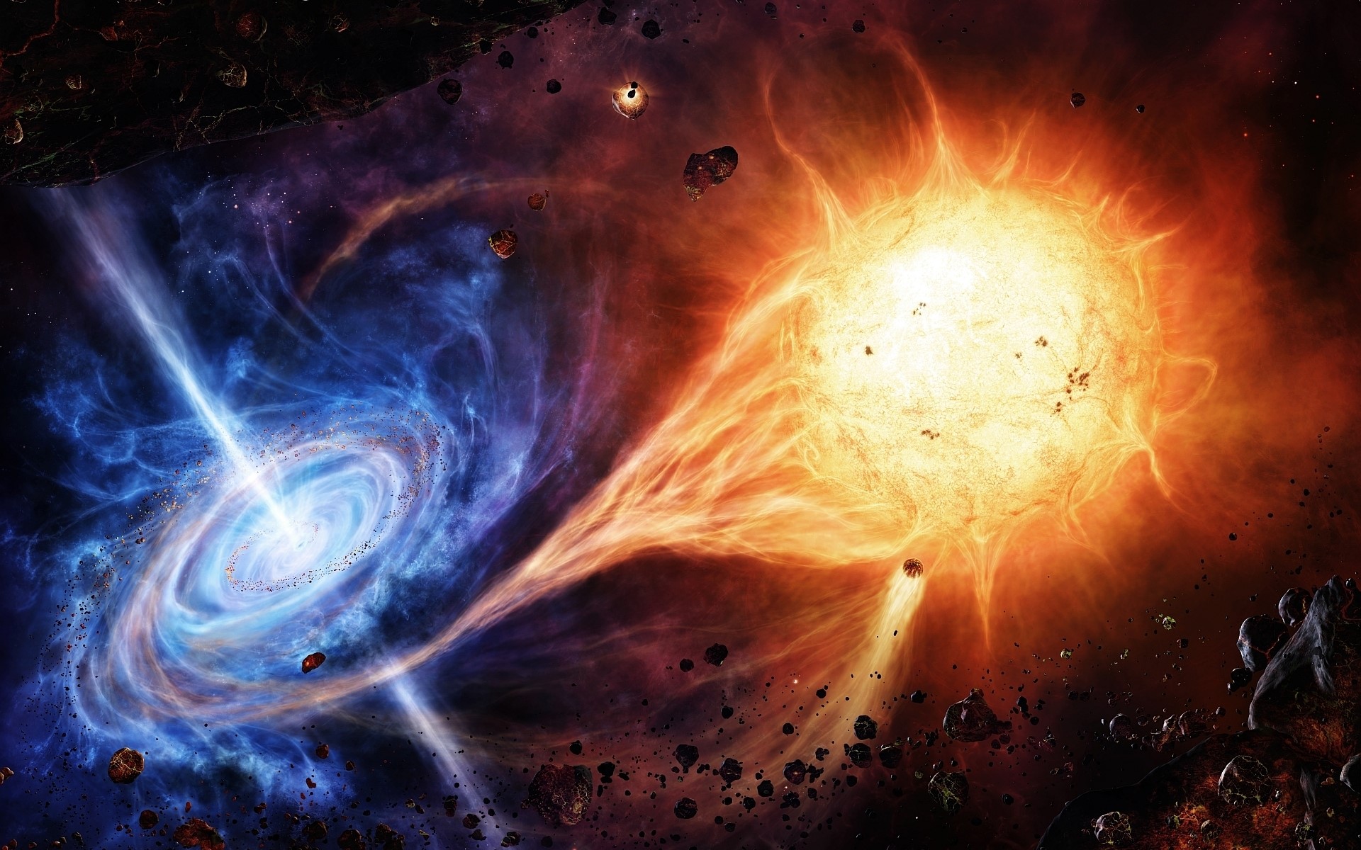 Black hole and star collision in space HD Wallpaper