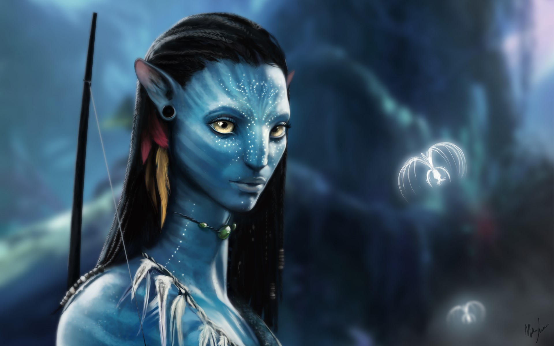 Neytiri from Avatar with bioluminescent creatures HD Wallpaper