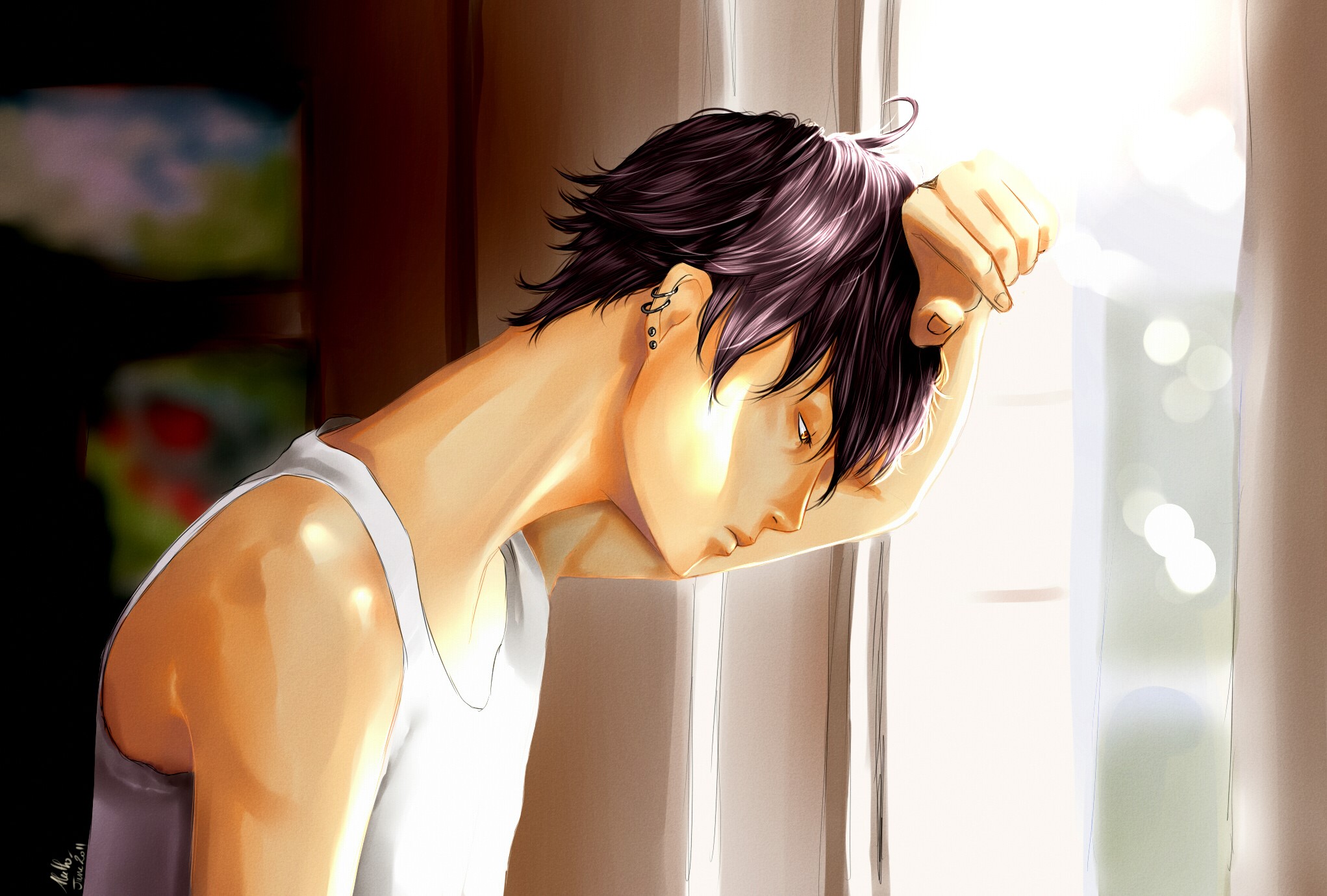 Young man leaning against a window HD Wallpaper