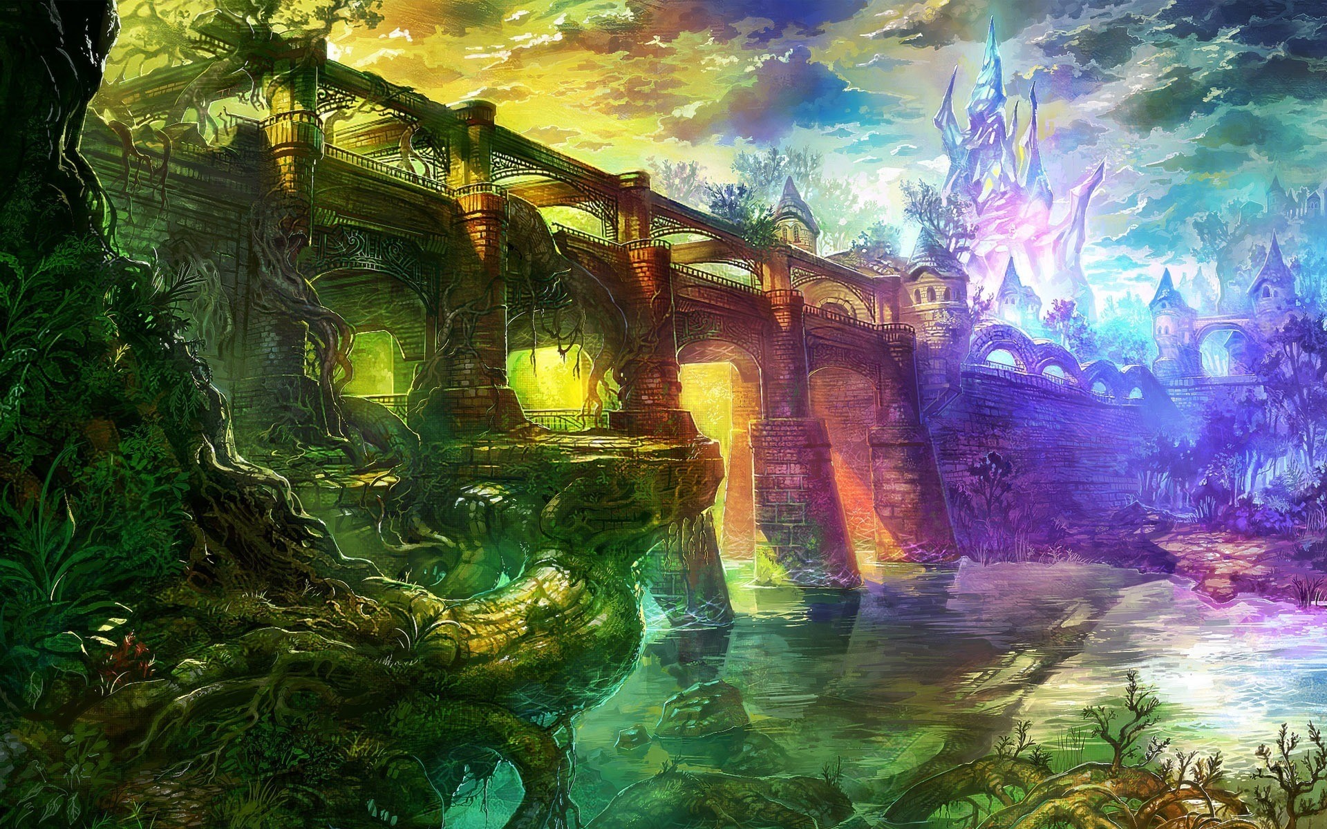 Fantasy bridge and castle with vibrant sky HD Wallpaper